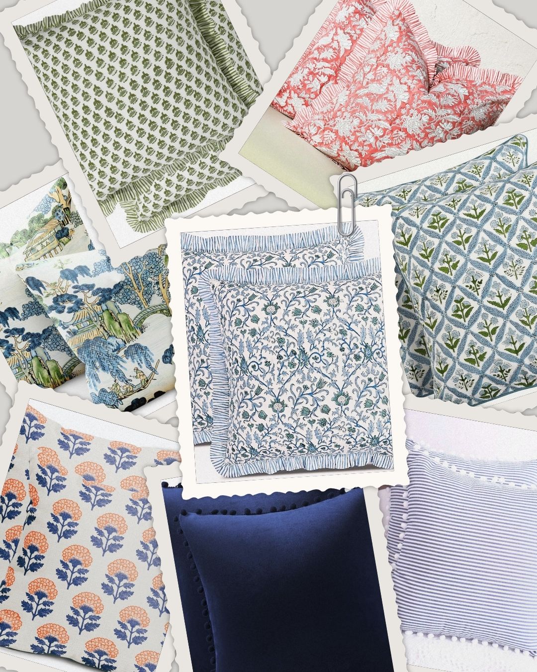A collage of decorative pillows and bedding in various patterns and colors, featuring floral, geometric, botanical, and striped designs in shades of green, blue, pink, and white—perfect for fresh Spring decorating ideas.