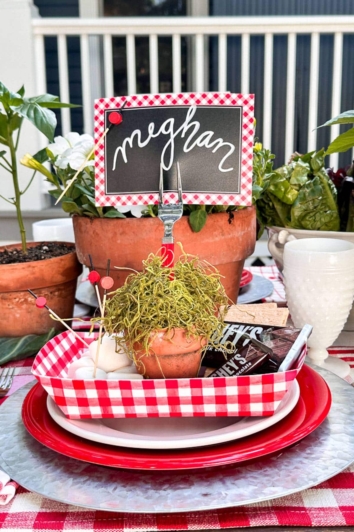 A place card made out of paper was placed in a fork and then placed into a small clay pot with moss. This was then placed into a red and white check paper boat with marshmallows, graham crackers, and chocolate bars.