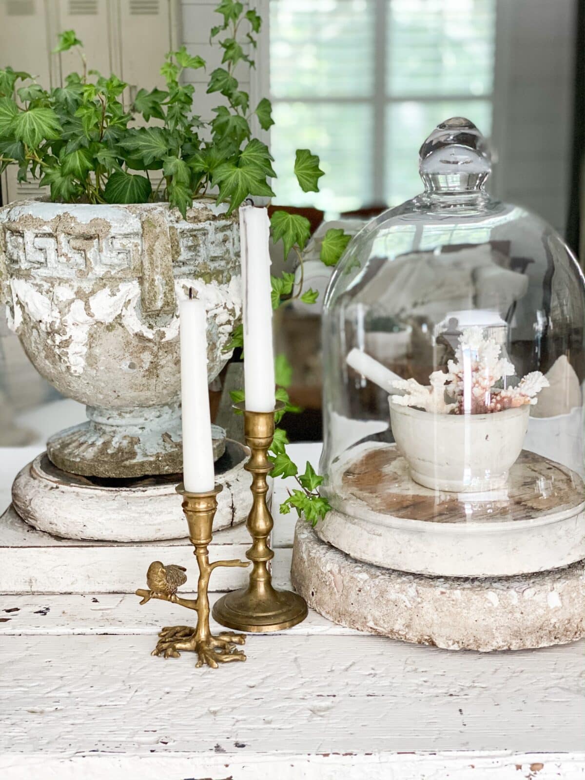 Vintage Cloche and brass candle sticks 