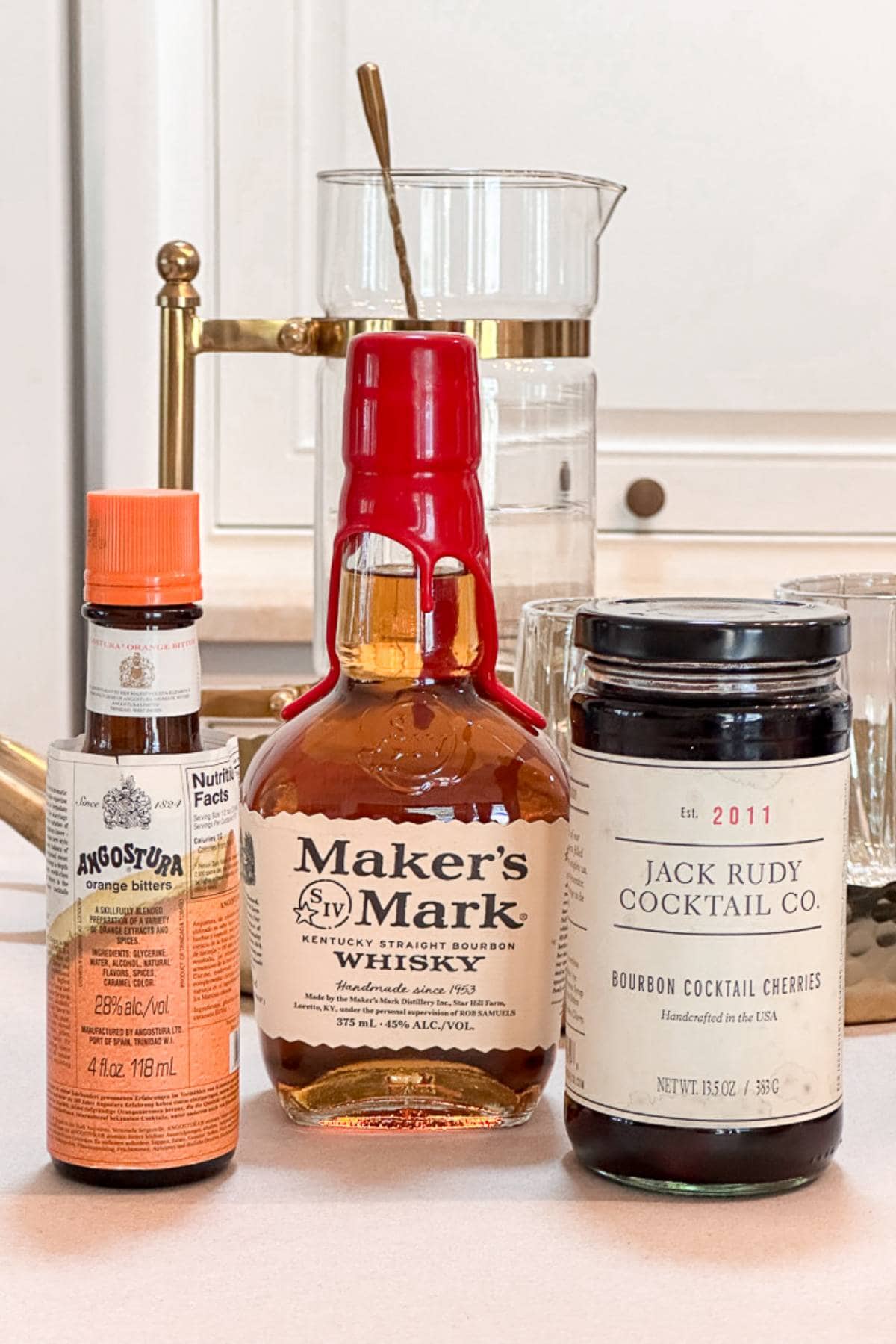 Three of the important ingredients to make an old fashioned.