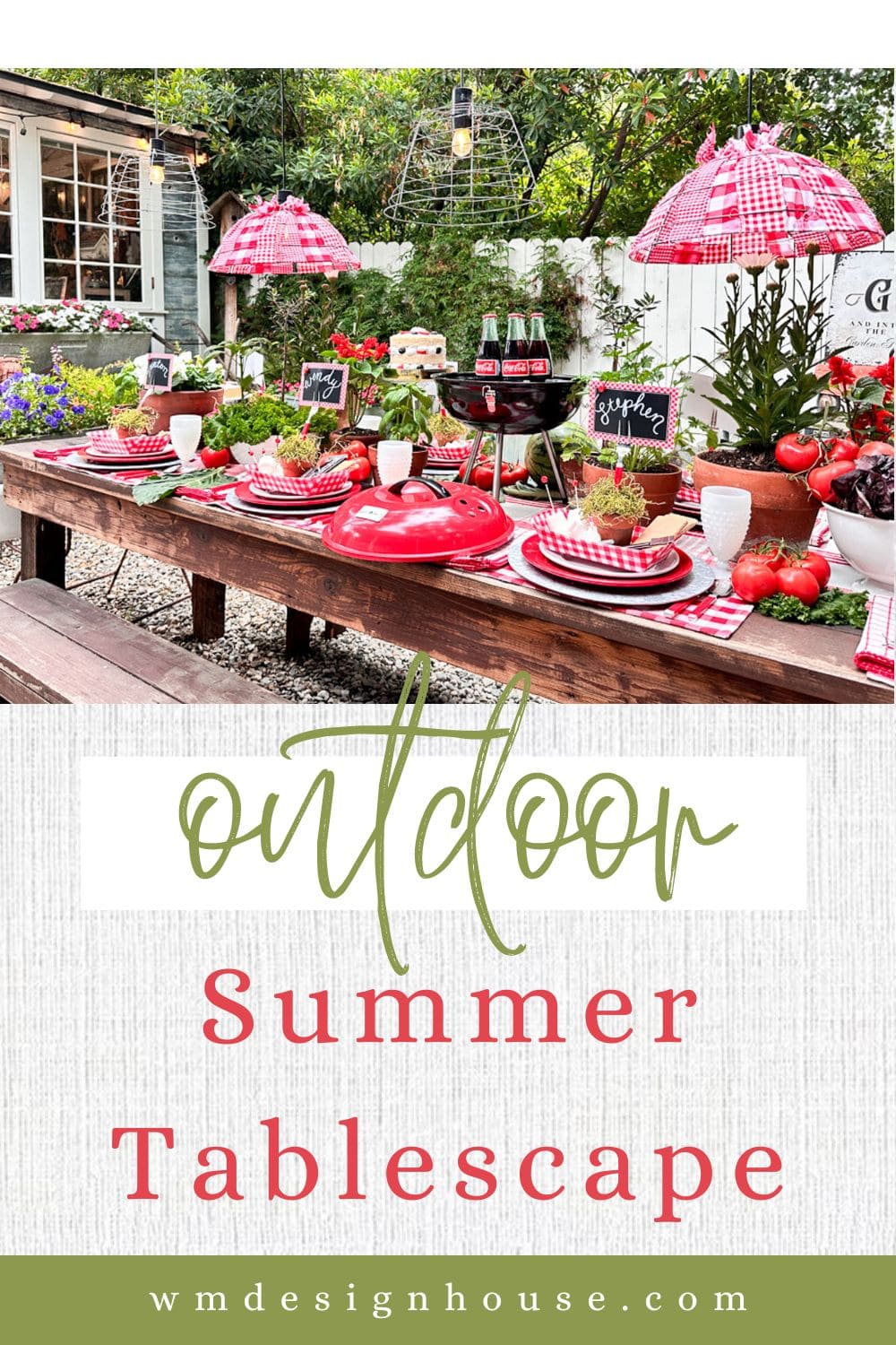 Outdoor summer Tablescape ideas - a table set with red and white decorations with fruit, vegetables and smokin hot bbq meat. 