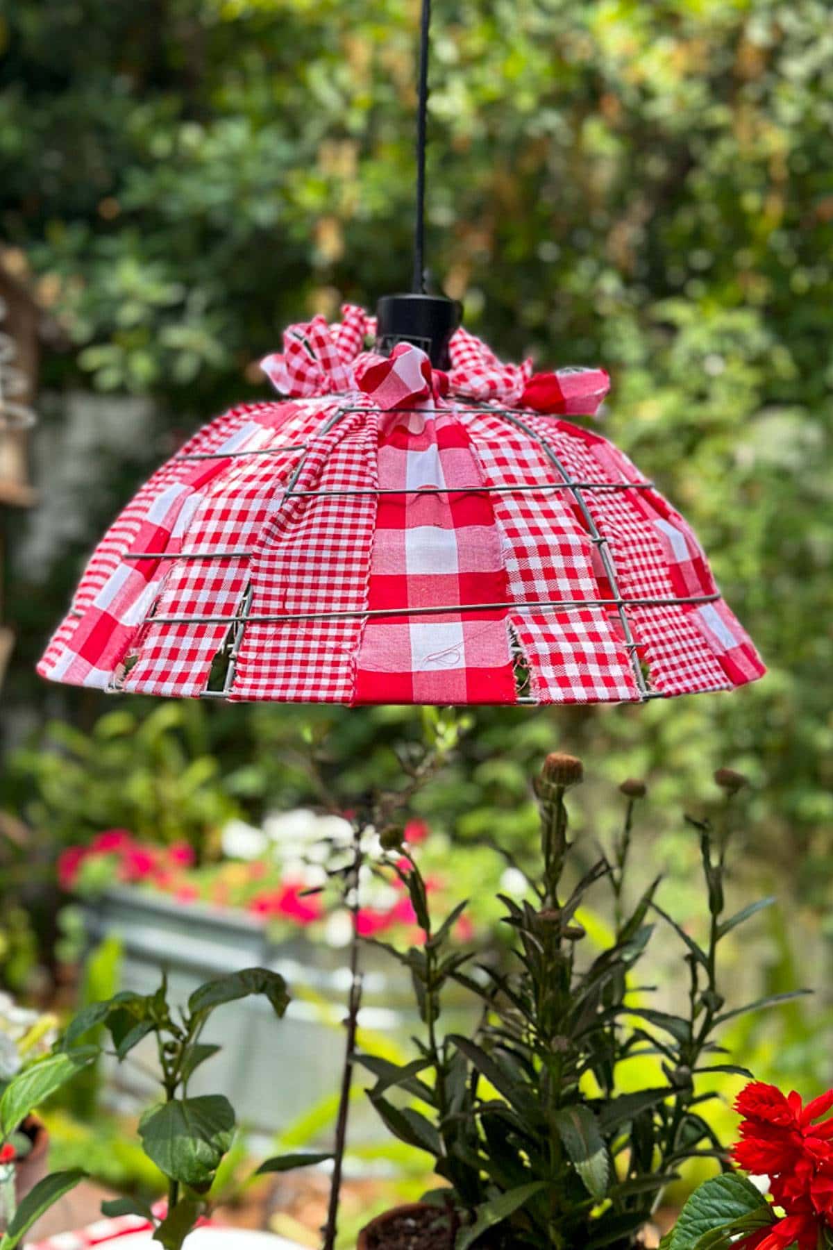 Garden basket light with fabric for outdoor bbq summer tablescape.