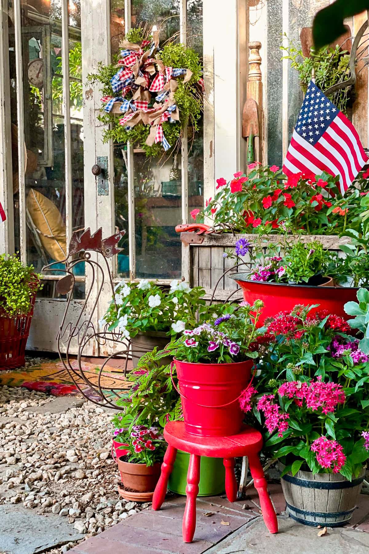 American flags decorating the garden planters