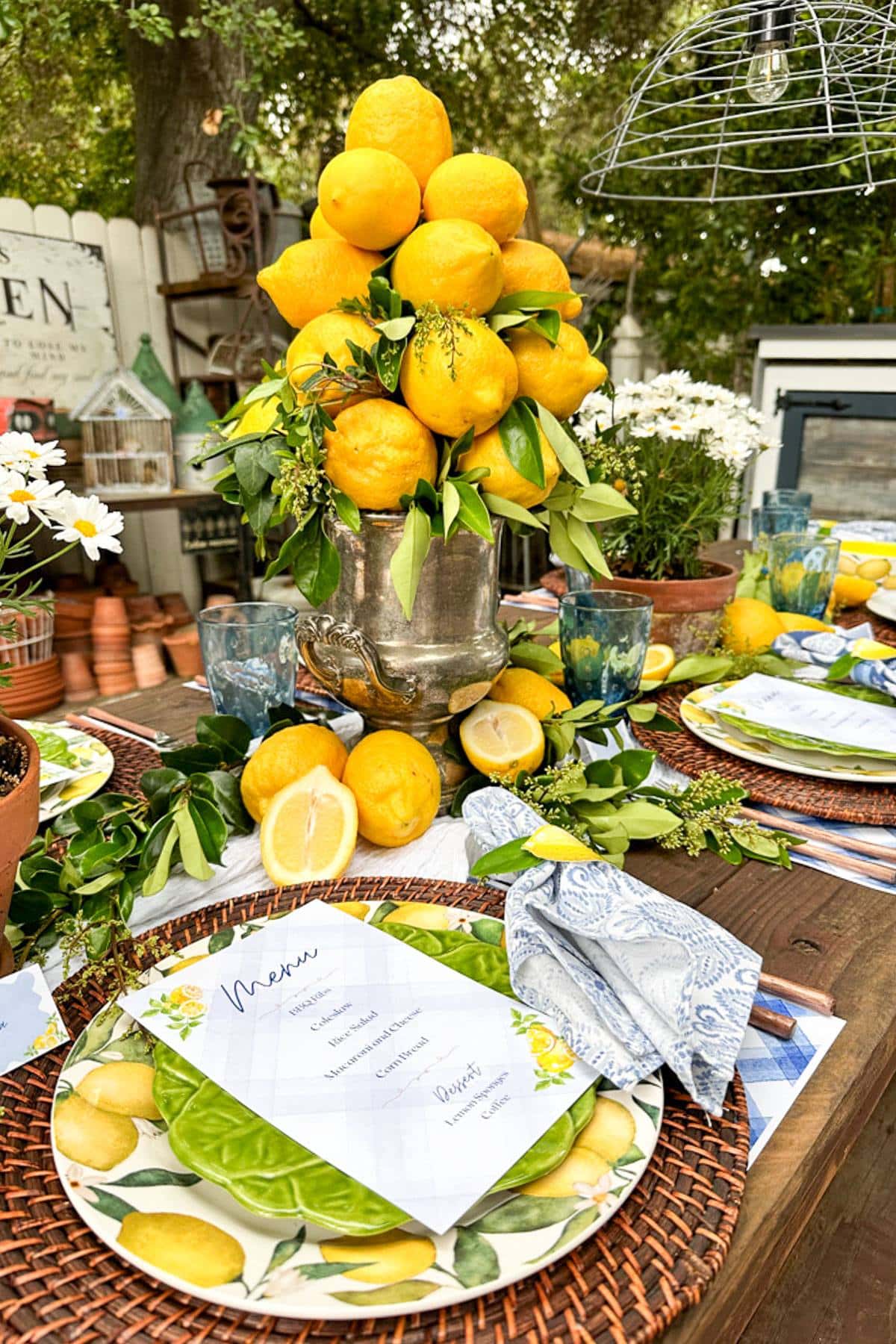 DIY lemon centerpiece on an outdoor summer tablescape