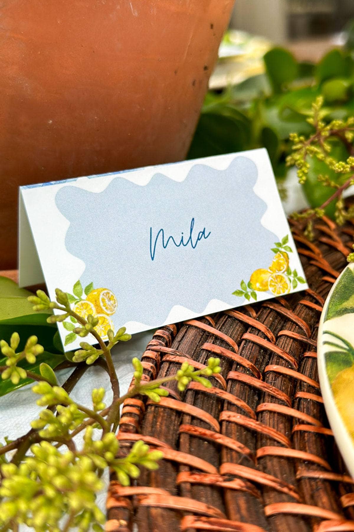 Free blue and white lemon-themed printable place card for a summer dinner party