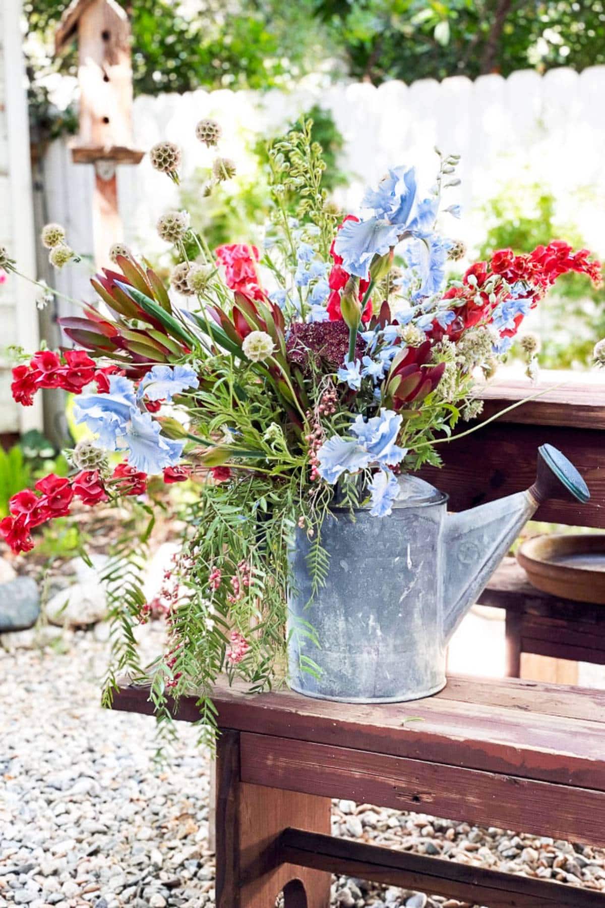 A rustic metal watering can filled with a vibrant bouquet of flowers, featuring red, blue, and green hues, sits on a wooden bench outdoors. In the background, a birdhouse and a white fence are visible, suggesting a garden setting. Pebbles cover the ground.