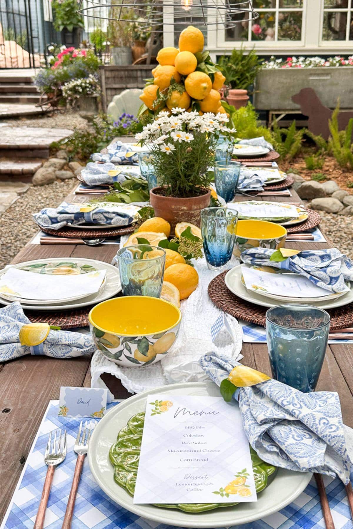 Blue and white summer tablescape with lemons