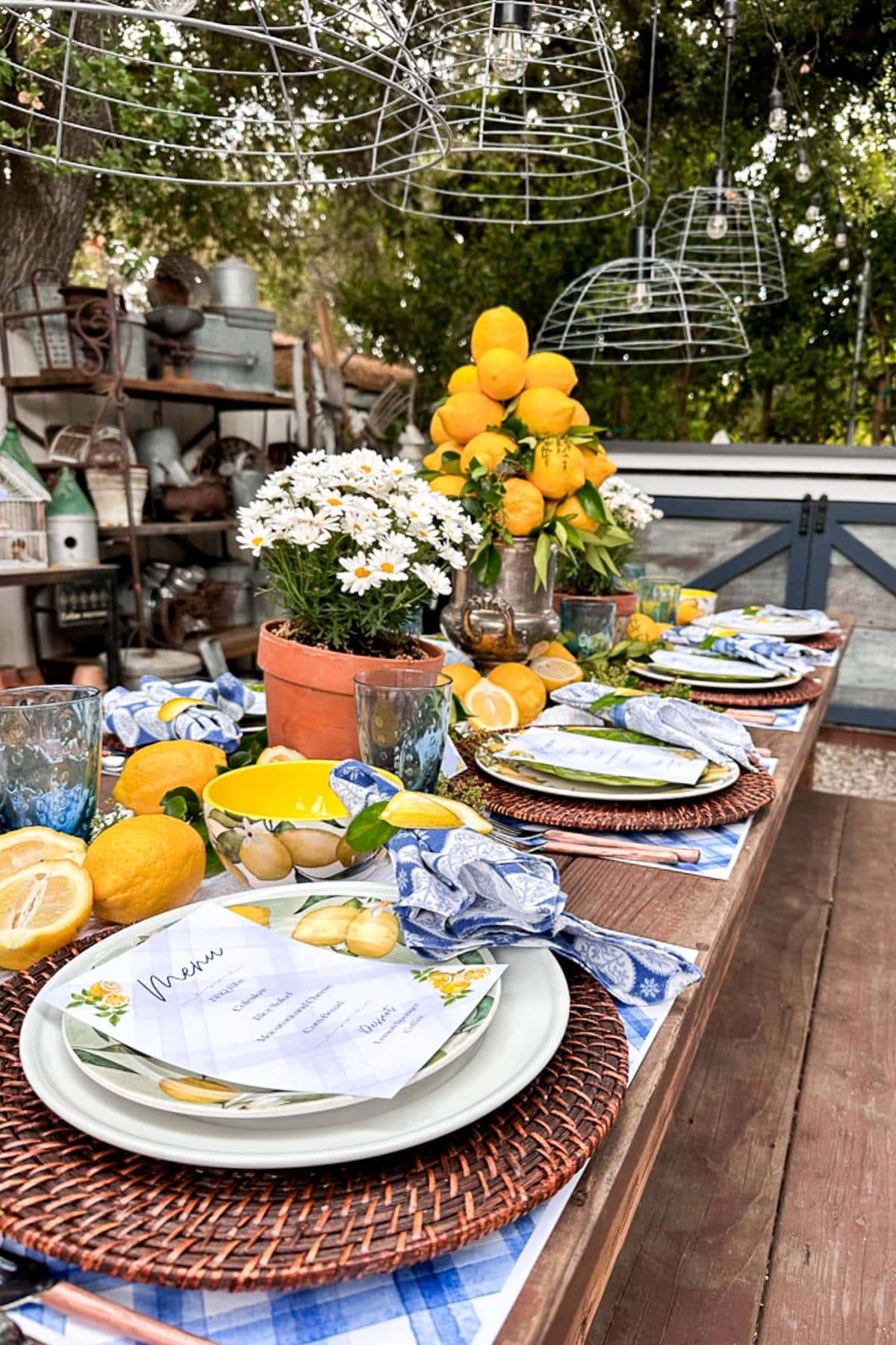 Blue, yellow and white summer tablescape with lemons and fresh flowers set outdoors in the garden