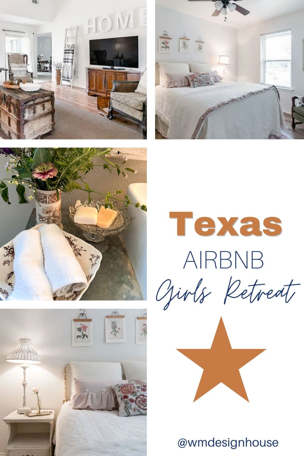 Texas Airbnb Pinterest Pin with bedrooms, details in the bathroom, and more. 