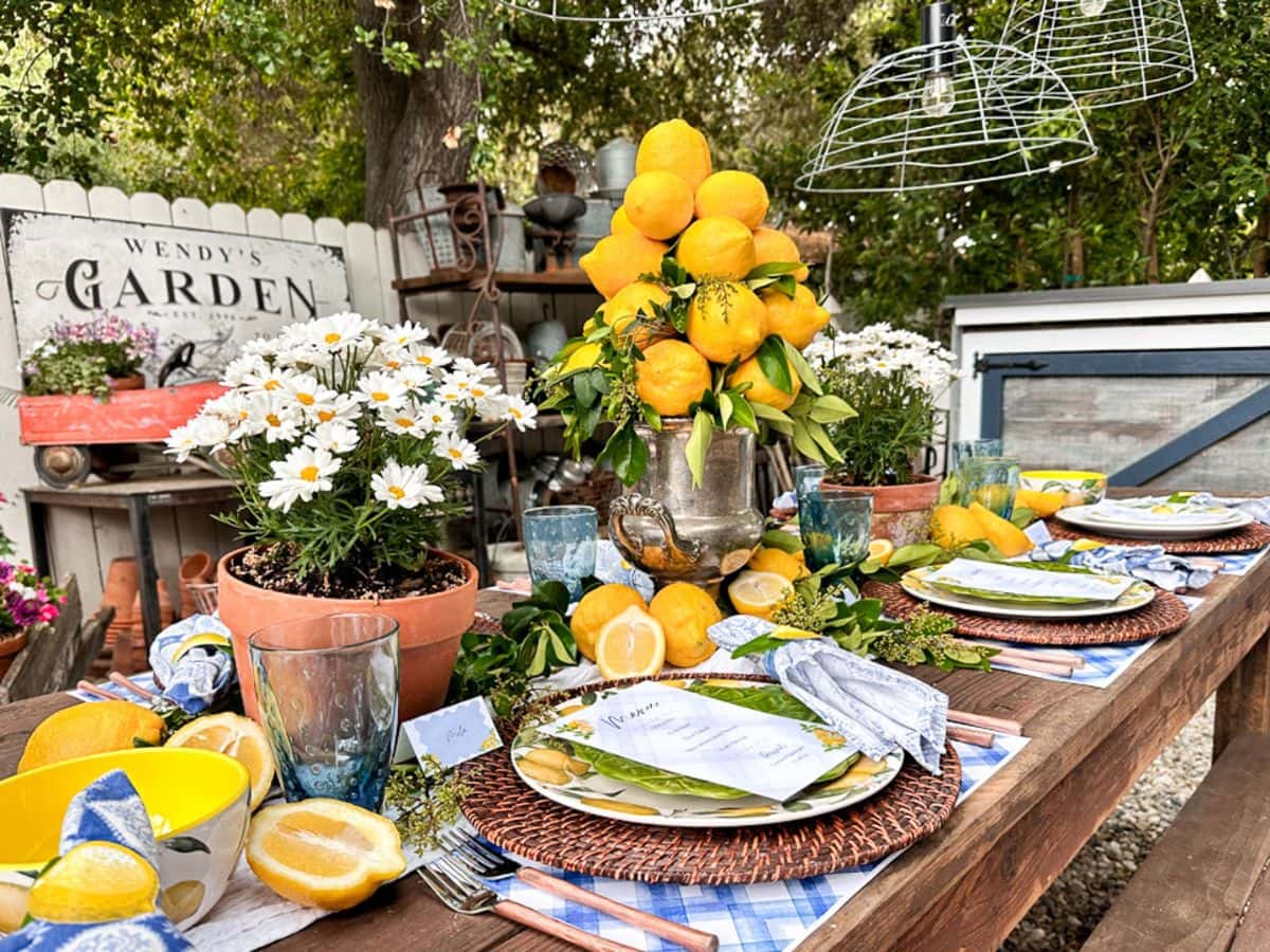 Lemon tablescape with blue and white free printables by WM Design House