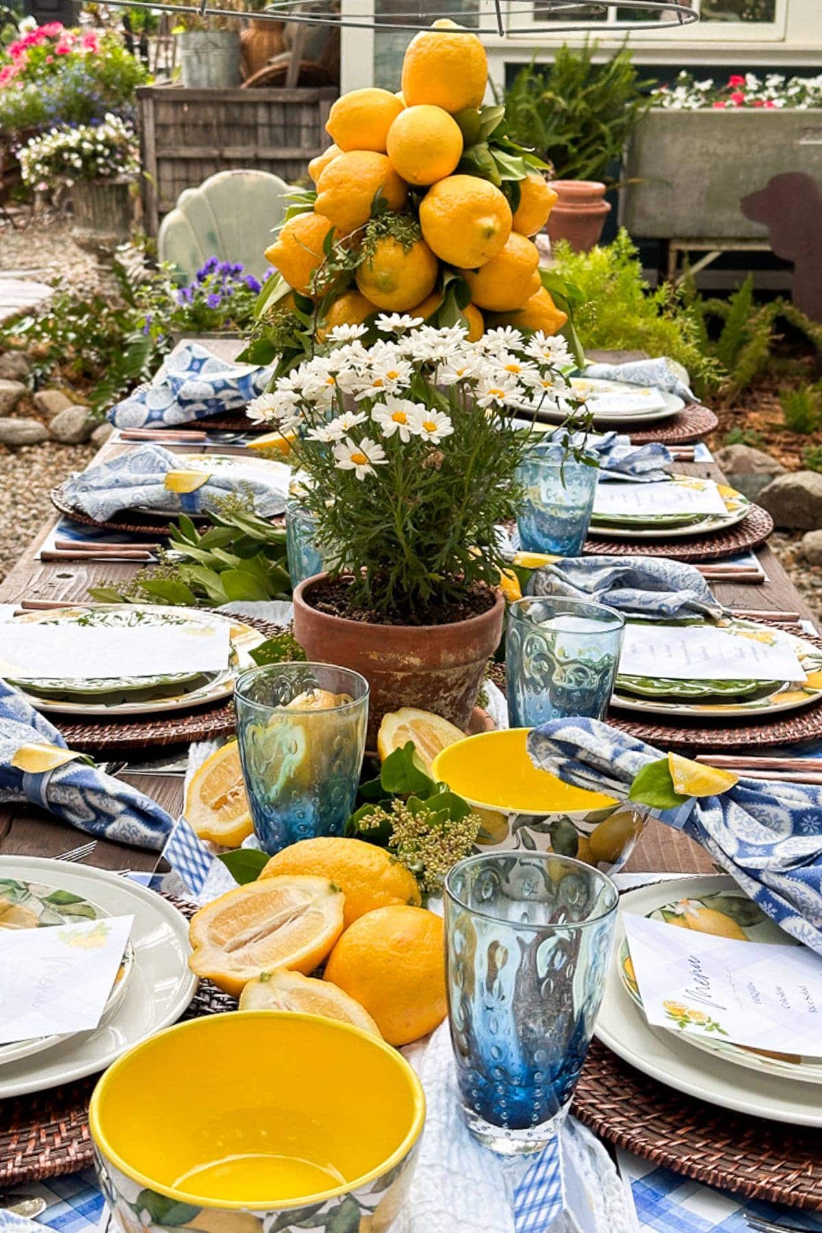 View looking down the table of a summer picnic set outdoors with blue and white decor, fresh lemons, and daisies