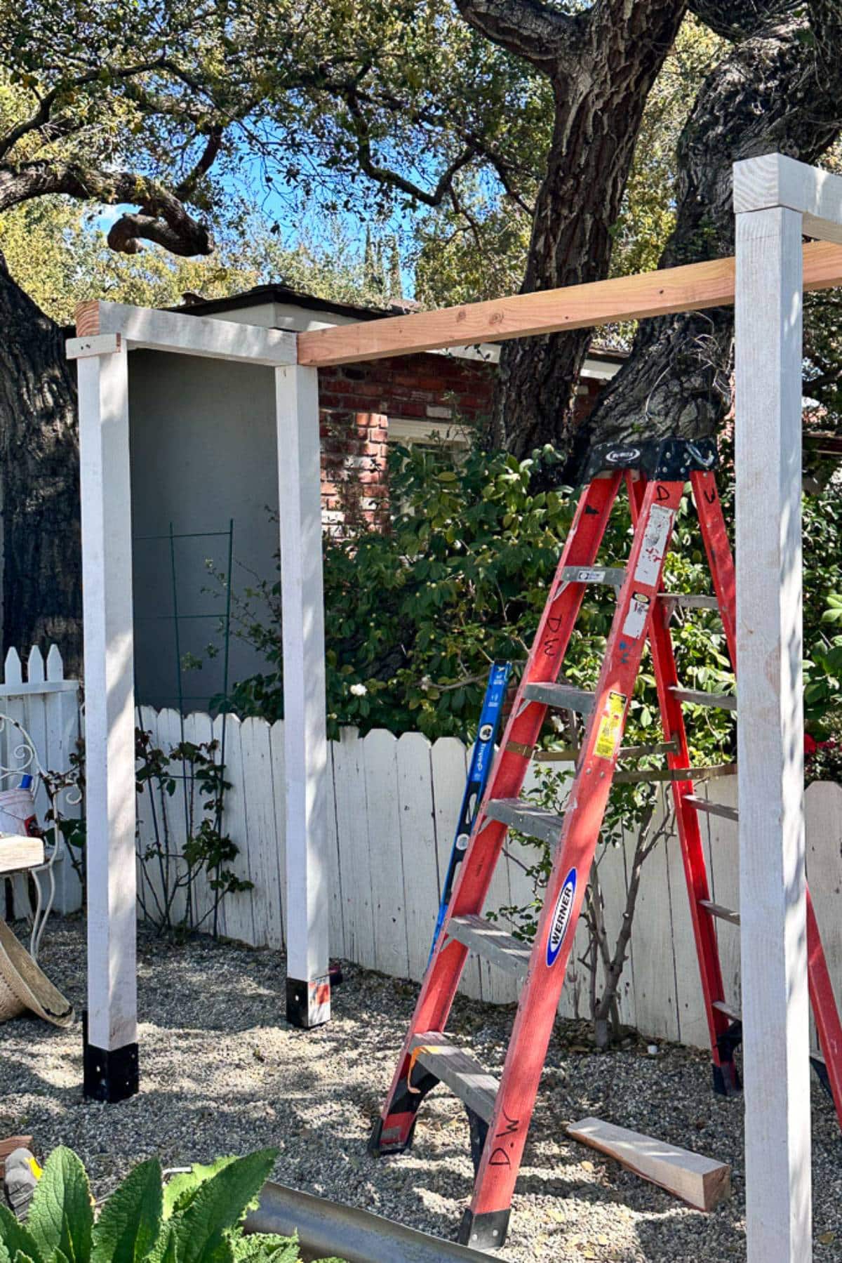 A red ladder is set up in front of a partially built wooden frame structure in a backyard with a white picket fence. A large tree and various plants are visible in the background. Construction tools and materials are scattered around the area.