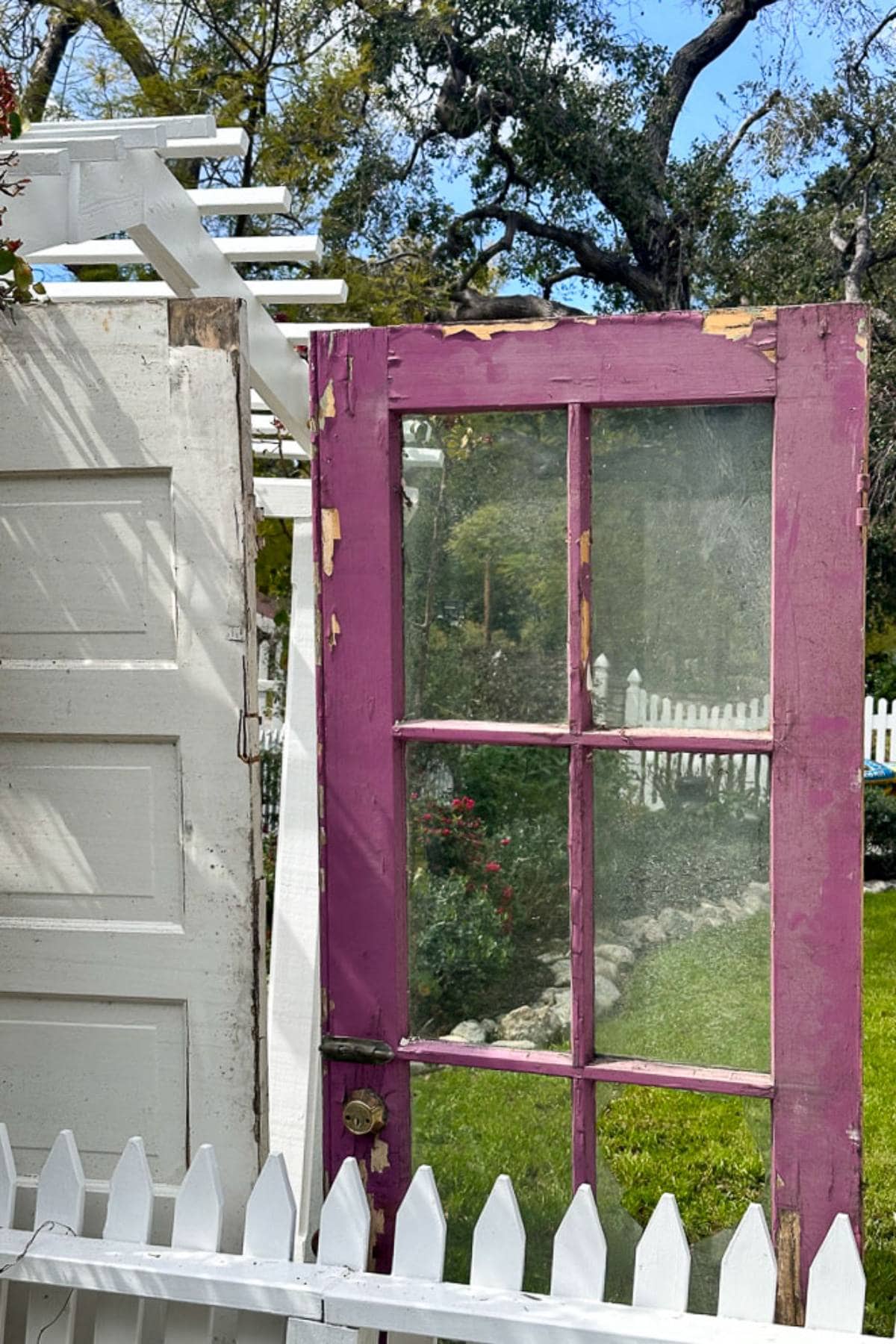 An old wooden fence with a white picket gate is set against a backdrop of greenery and trees. A weathered purple door, missing some paint, is standing open, attached to the gate. Behind it is a manicured garden with a white fence in the distance.