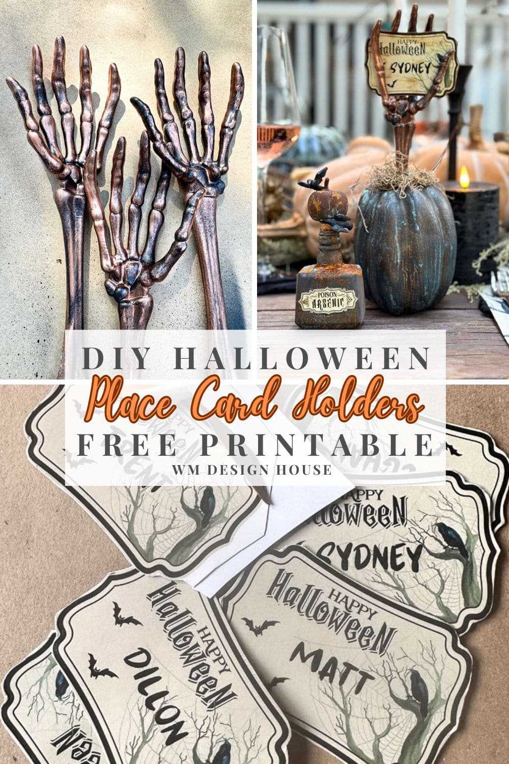 Halloween-themed place card holders create a spooktacular table setting. Top left: skeleton hands. Top right: pumpkin and potion bottle decor. Bottom: printed cards with names. Text: "DIY Halloween Place Card Holders for your perfect halloween table—Free Printable.