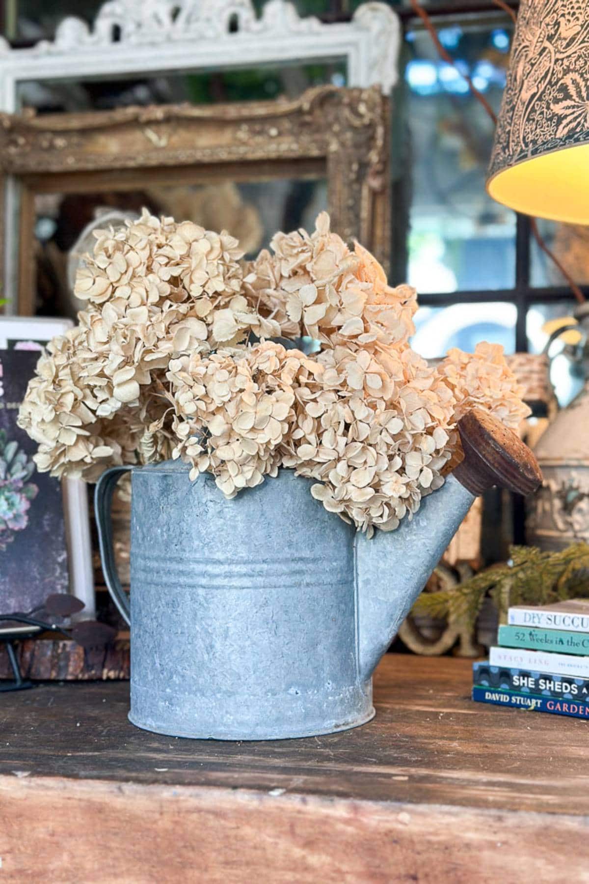 A rustic metal watering can filled with dried hydrangea flowers sits on a wooden surface. Nearby, various books and a lamp with a warm, glowing shade adorn the cozy setting. Framed pictures and a mirror add a picturesque backdrop.