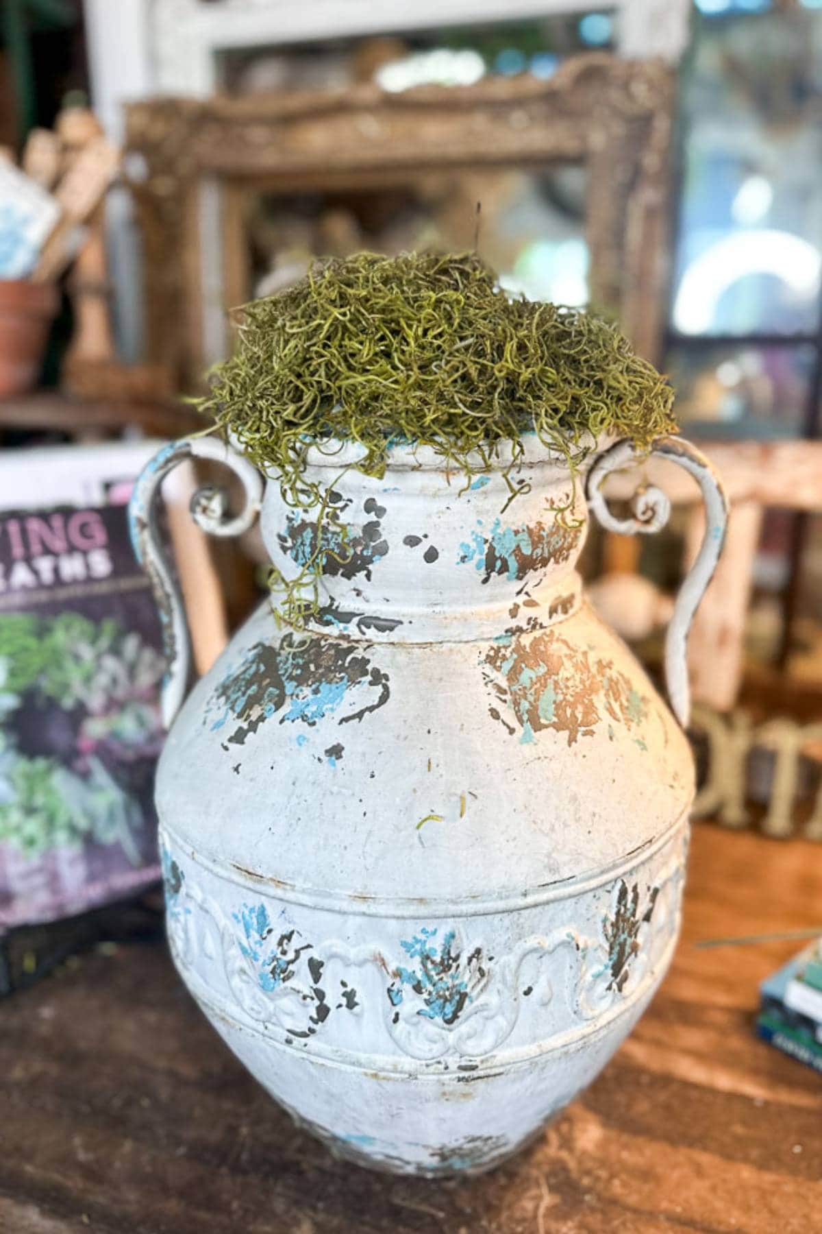 An antique white ceramic vase with ornate handles and faded decorative patterns sits on a wooden surface. The vase is filled with green moss on top. In the background, blurred items including picture frames and books are visible.