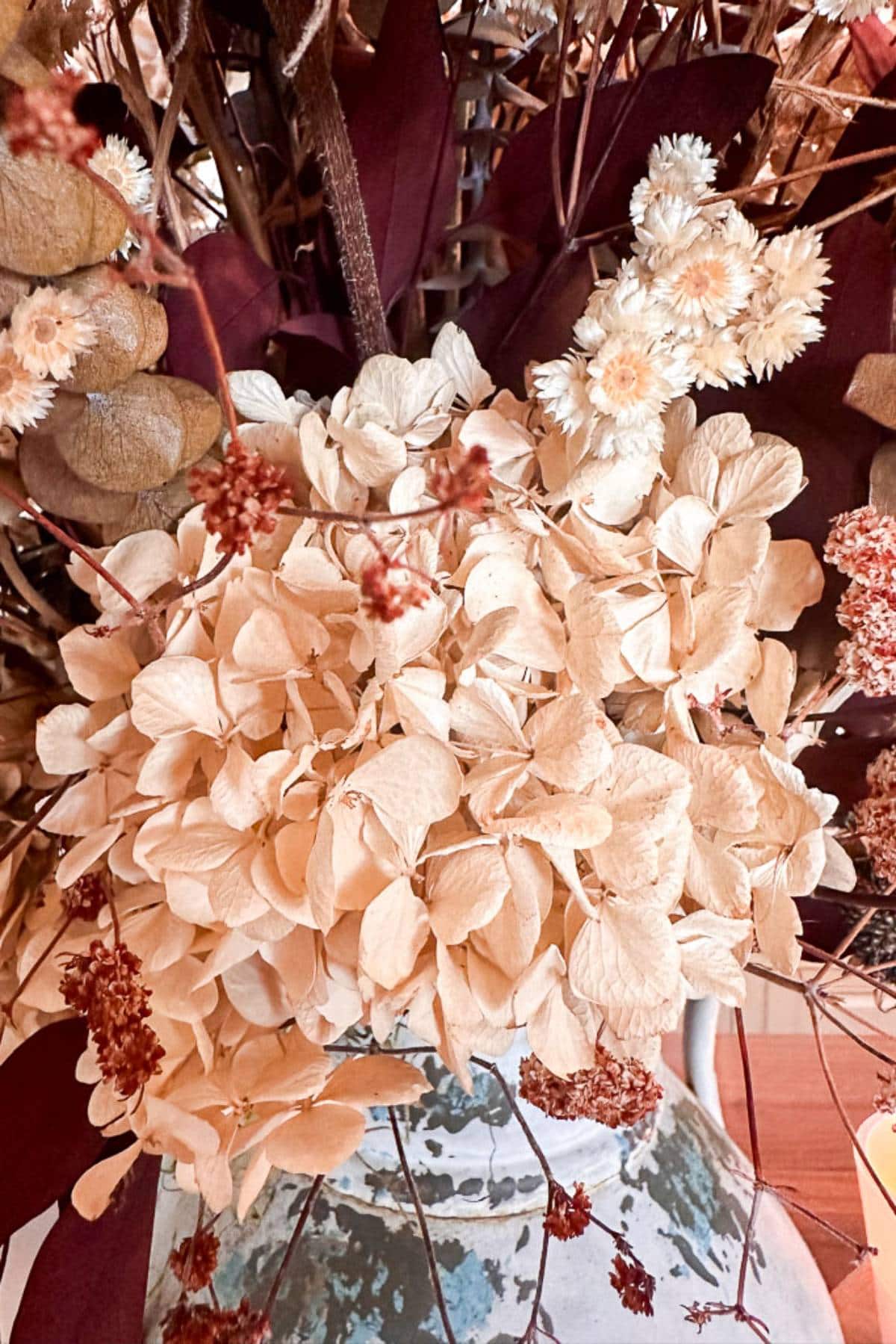 A close-up of a bouquet featuring dried hydrangeas and other assorted dried flowers in a vintage, weathered vase with blue-green patina. The arrangement includes pale beige hydrangea petals and various small, delicate blossoms in earthy tones.