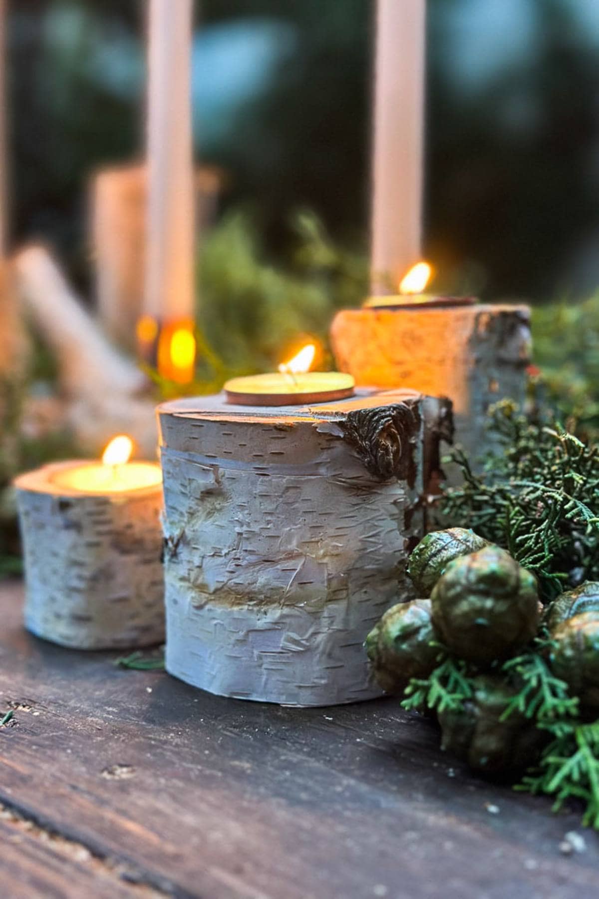 Birch log candle holders with lit candles are arranged on a wooden surface. Evergreen branches and small pinecones add a rustic, natural touch to the scene, creating a cozy atmosphere.