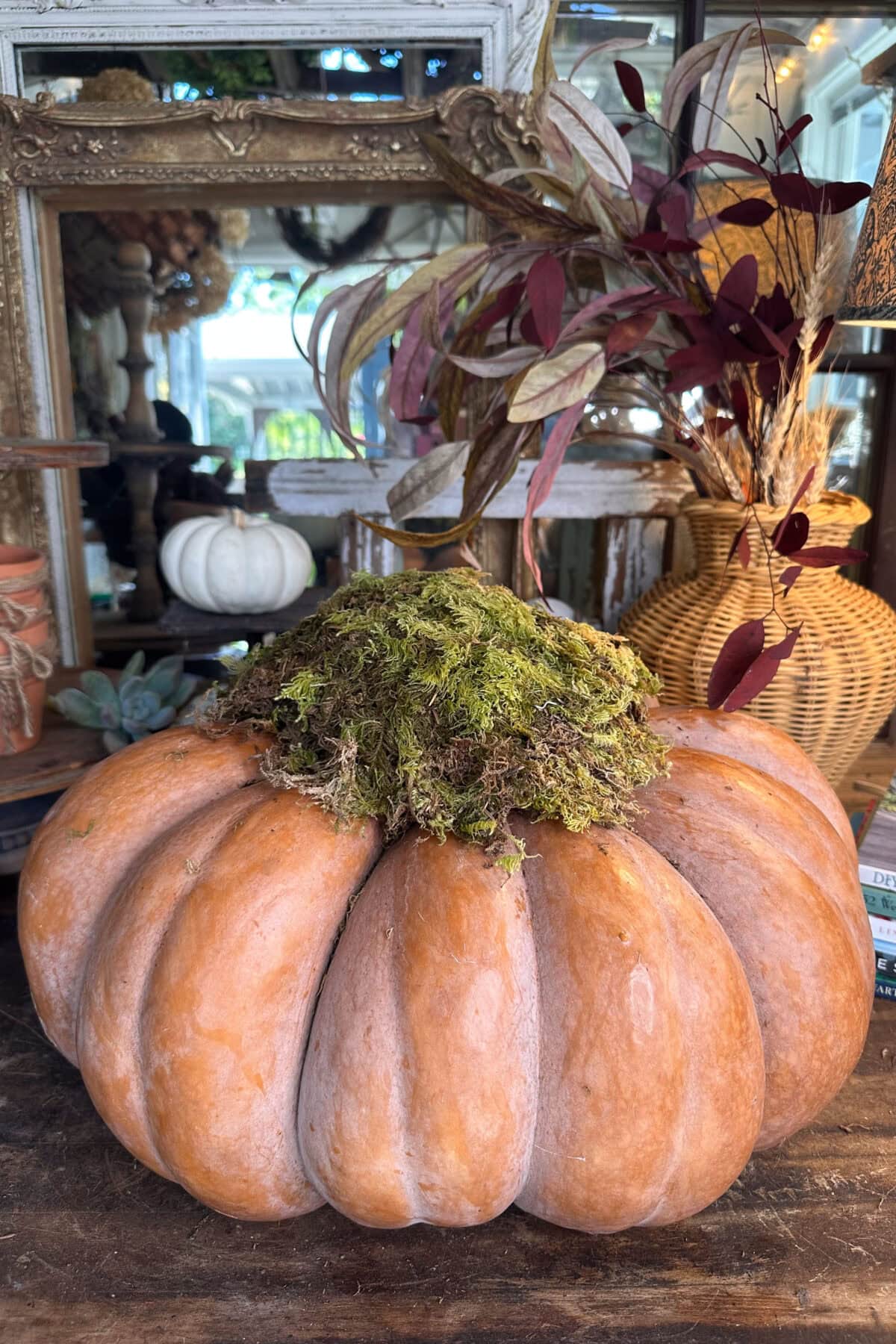 A large Cinderella pumpkin with moss on top is displayed on a wooden table. In the background, mirrors reflect a wicker vase with dried leaves and a smaller white pumpkin, creating a rustic, autumn-themed setting.