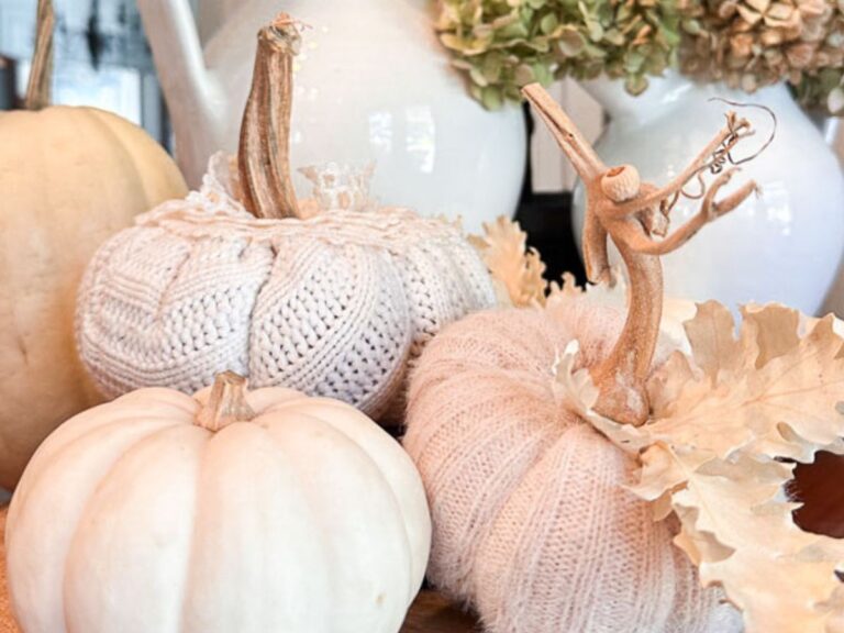 Three sweater pumpkins are displayed, two wrapped in cozy knits and surrounded by dried leaves. In the background, white ceramic vases filled with dried hydrangeas enhance the DIY autumnal decor, adding a touch of vintage lace elegance to the scene.