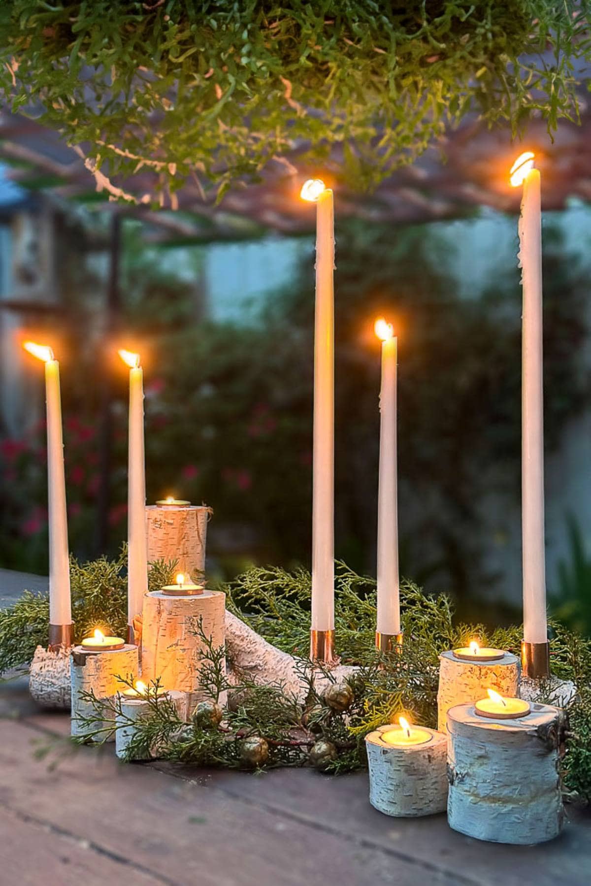 A rustic candle arrangement with tall white candles and small tea lights on birch log bases, surrounded by greenery, under hanging plants. The setting conveys a cozy and natural ambiance.