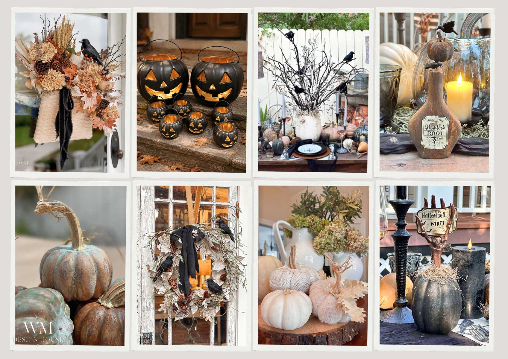 A collage of eight Halloween decorations, featuring pumpkins, jack-o’-lanterns, wreaths, candles, skulls, and rustic autumn-themed floral arrangements on porches and tables, perfect inspiration for your own DIY Halloween decor.