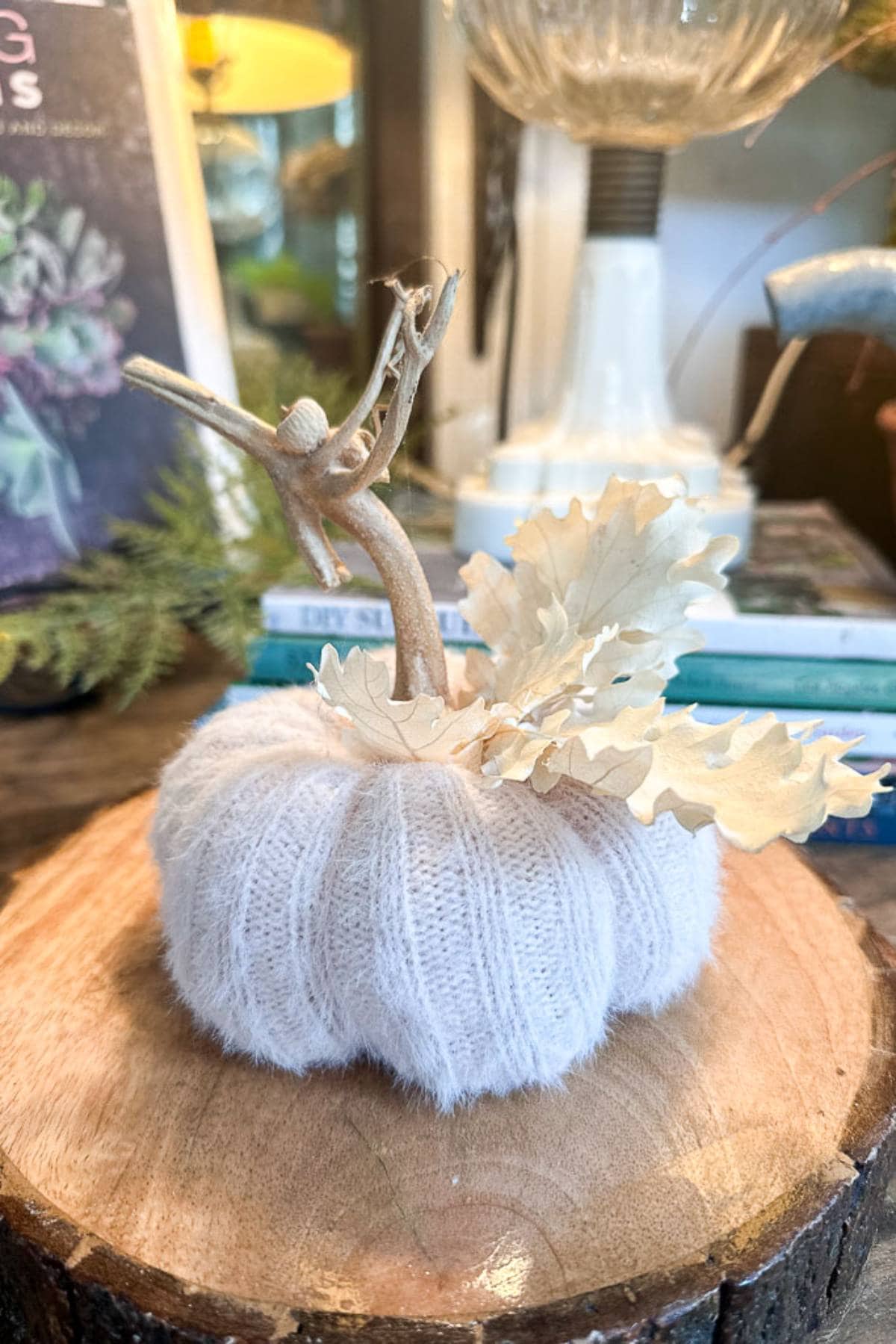 A soft, knitted pink pumpkin with a real pumpkin stem and beige leaves sits on a wooden slab. It's surrounded by decorative items, including books and a lamp, creating a cozy autumn atmosphere.