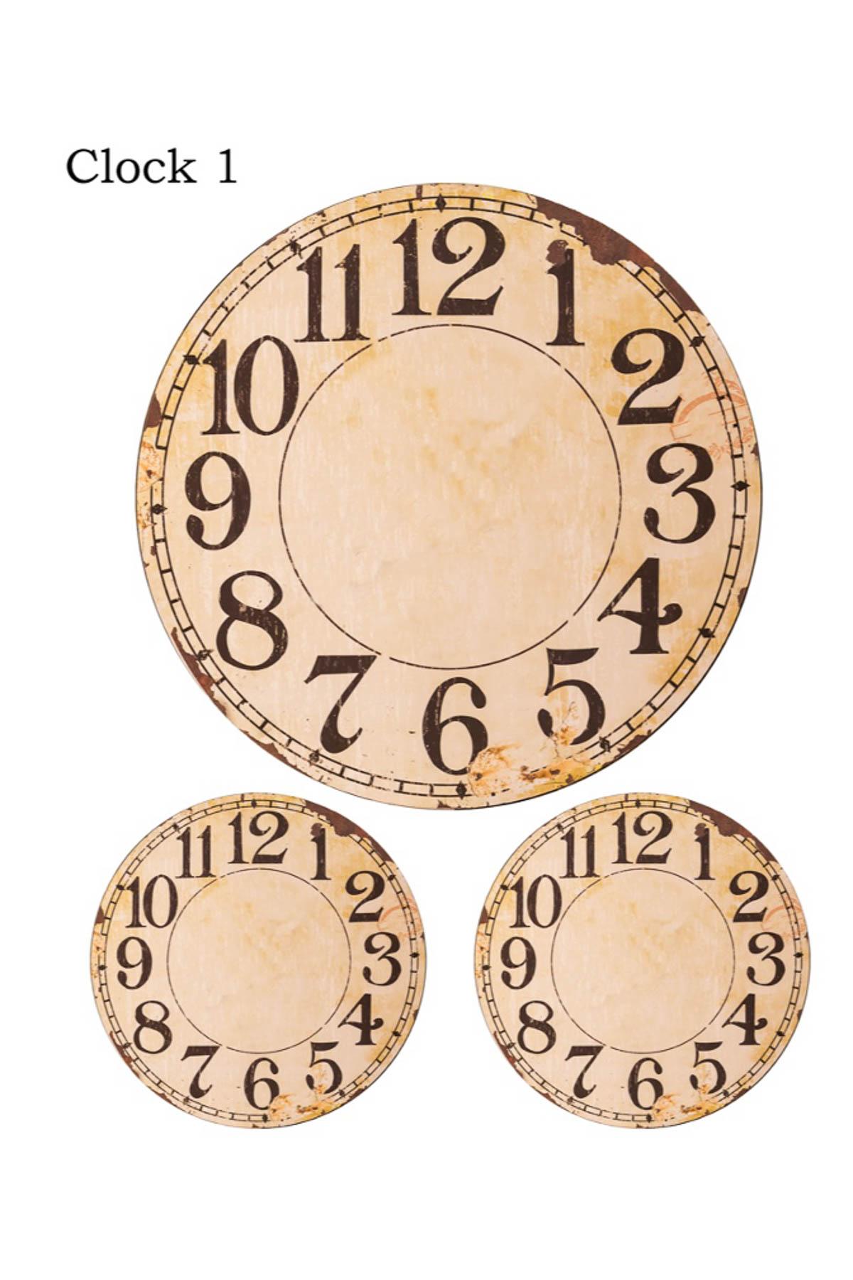 Three vintage clock faces with faded yellowed backgrounds and black numbers. The largest clock is at the top, with two smaller clocks below it. There are no hands on the clocks, and "Clock 1" is labeled in the top left corner.