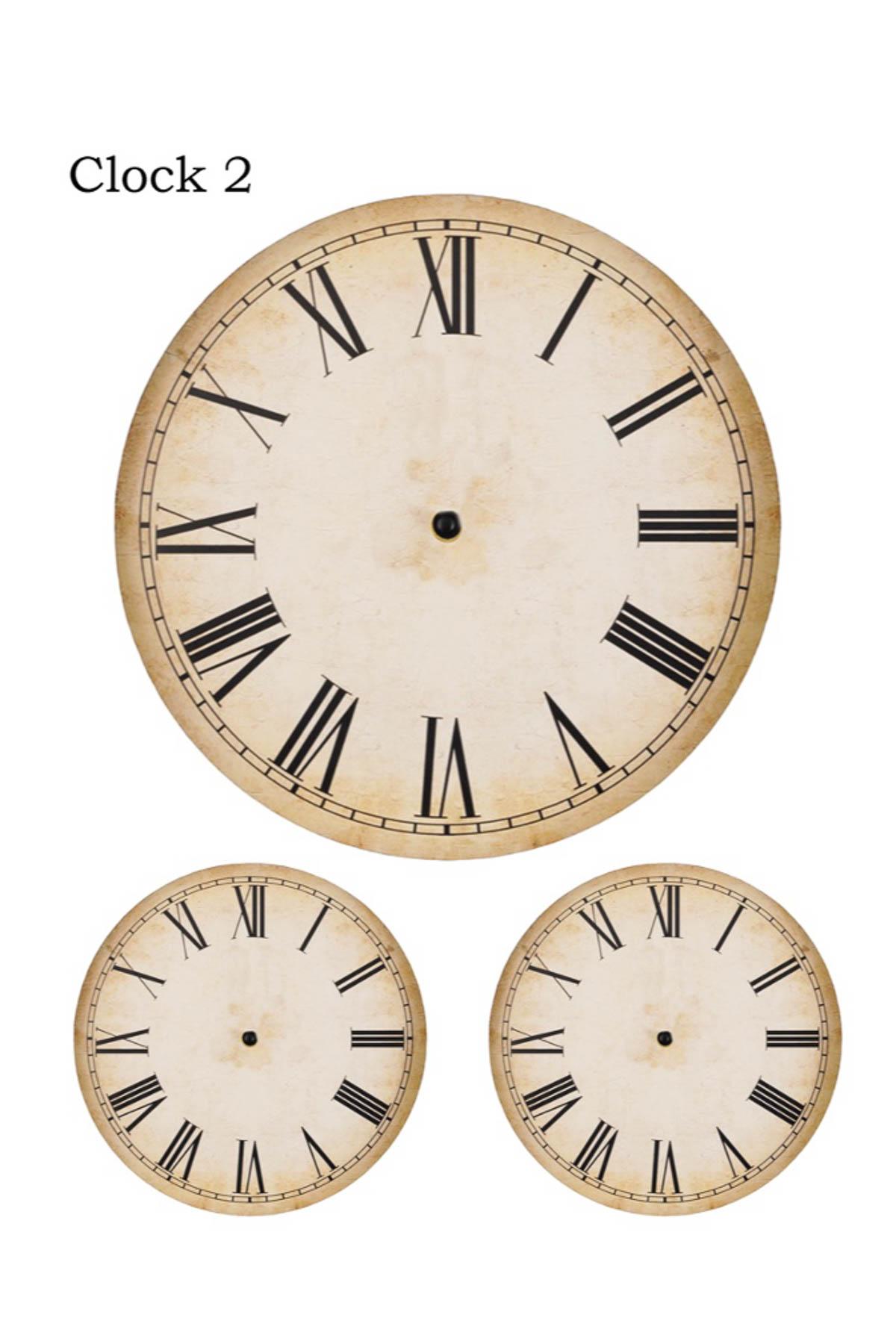 Three vintage-style clock faces with Roman numerals are displayed. The largest is positioned at the top center, while two smaller ones are below it. The background is plain white with the text "Clock 2" above the largest clock.