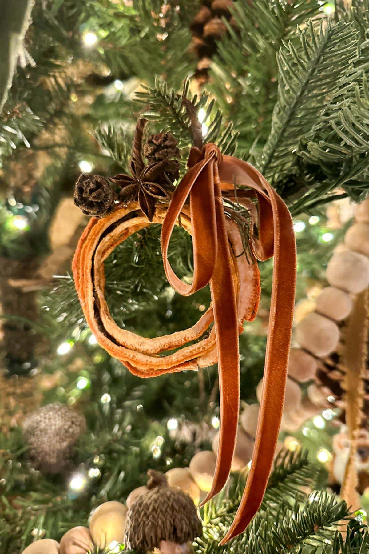 A Christmas tree decorated with a dried orange slice ornament, accented by a cinnamon stick, small pine cone, and tied with a brown velvet ribbon. The tree is adorned with warm white lights and other natural ornaments.