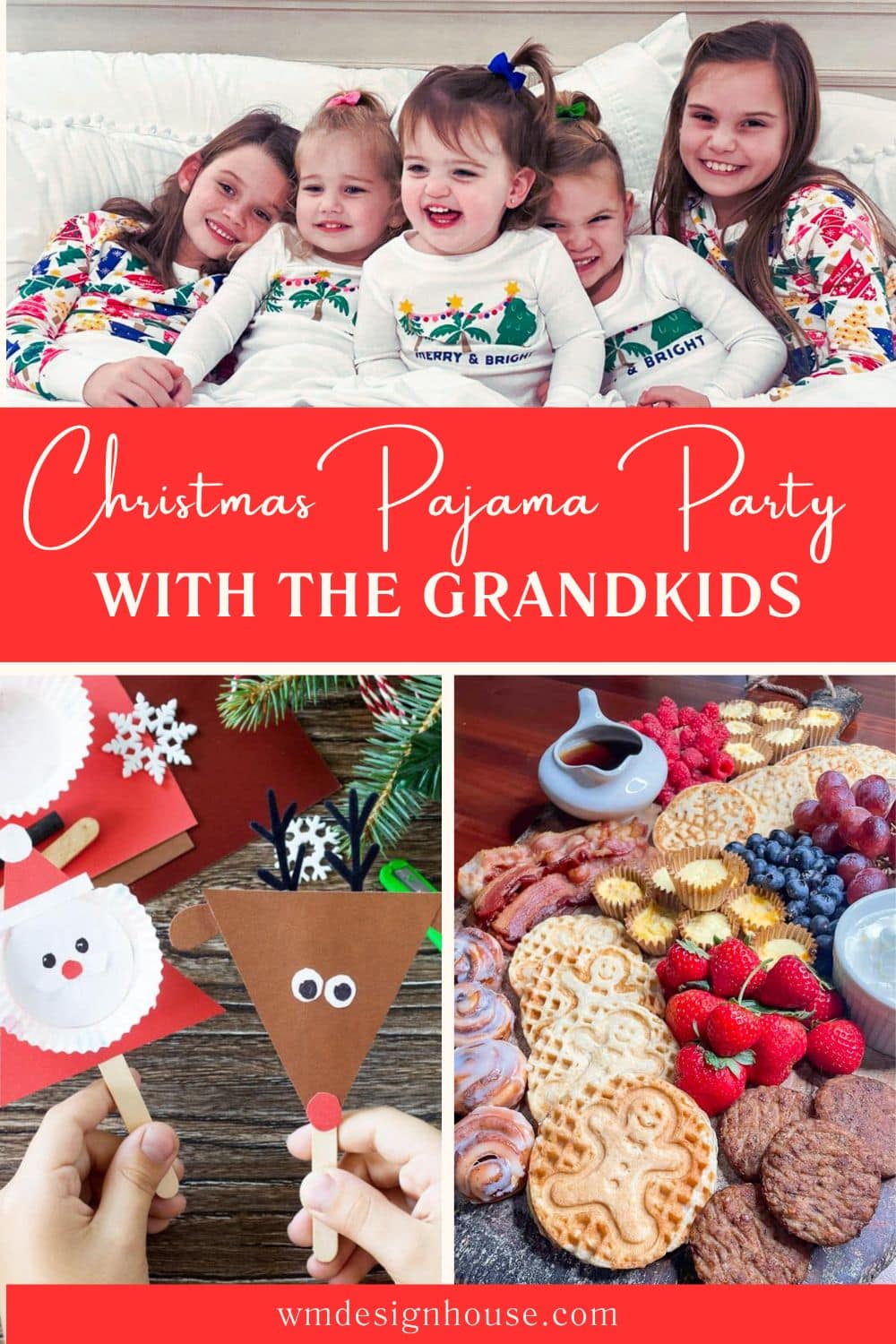 Children in Christmas pajamas are smiling while sitting together. Below, a table brims with snacks and crafts, including a Santa-themed project and assorted fruit and cookies. Creative ideas make this Christmas Pajama Party with the grandkids unforgettable!