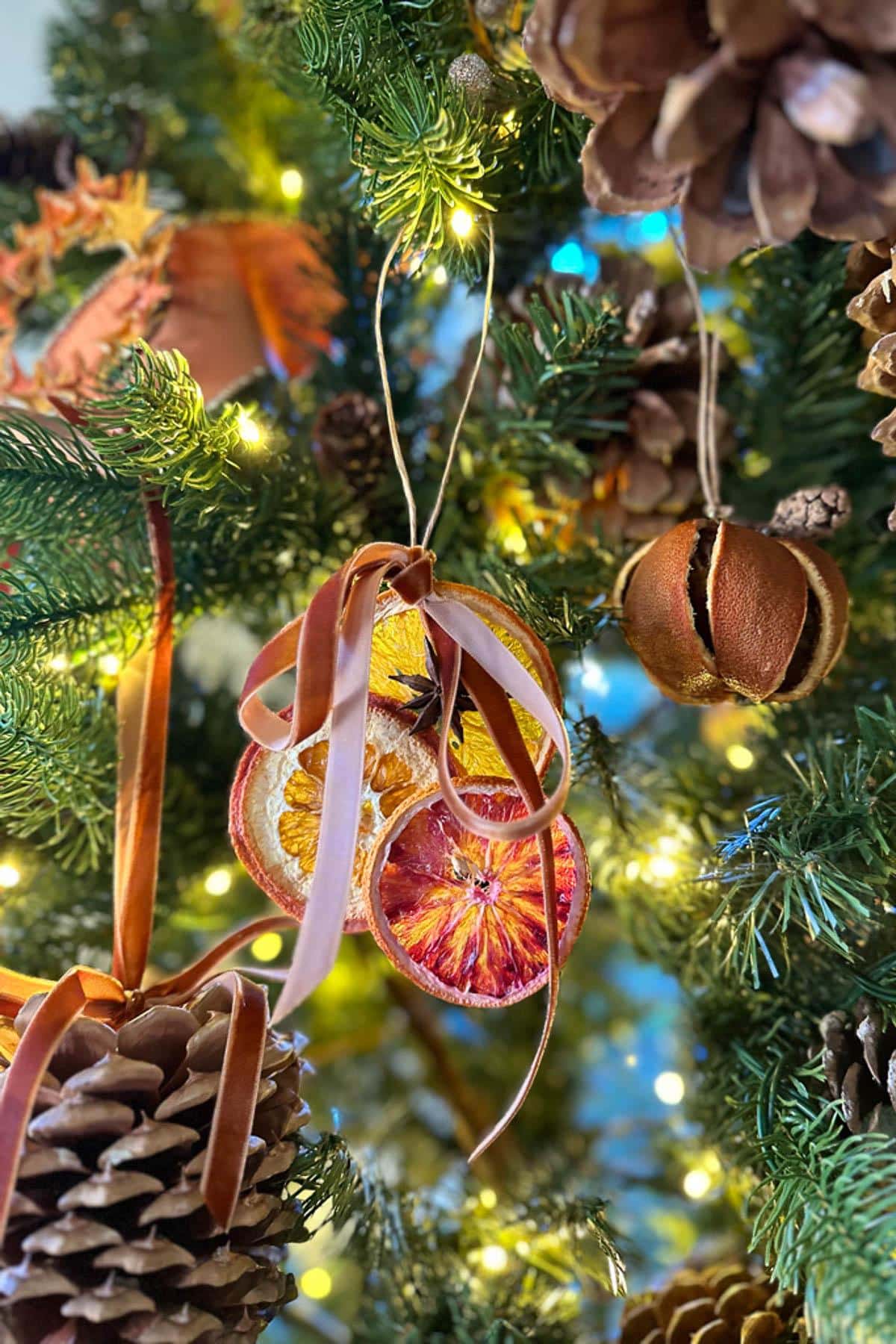 A close-up of a Christmas tree decorated with dried orange slices tied with a gold ribbon, pinecones, and soft yellow lights. The green branches and various natural ornaments create a warm, festive atmosphere.