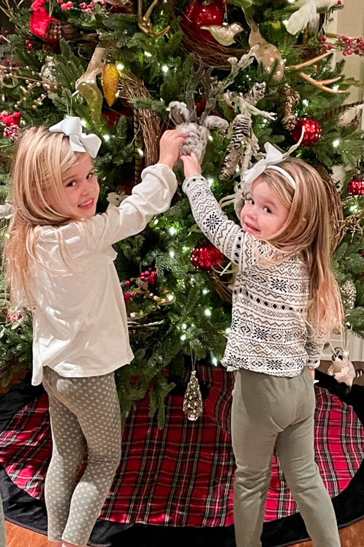 Two young girls with long hair, wearing bows and festive pajamas, are joyfully decorating a Christmas tree with lights and ornaments. The red and gold decorations sparkle above a plaid tree skirt. It's a heartwarming scene perfect for inspiring creative ideas for your family’s Christmas pajama party.