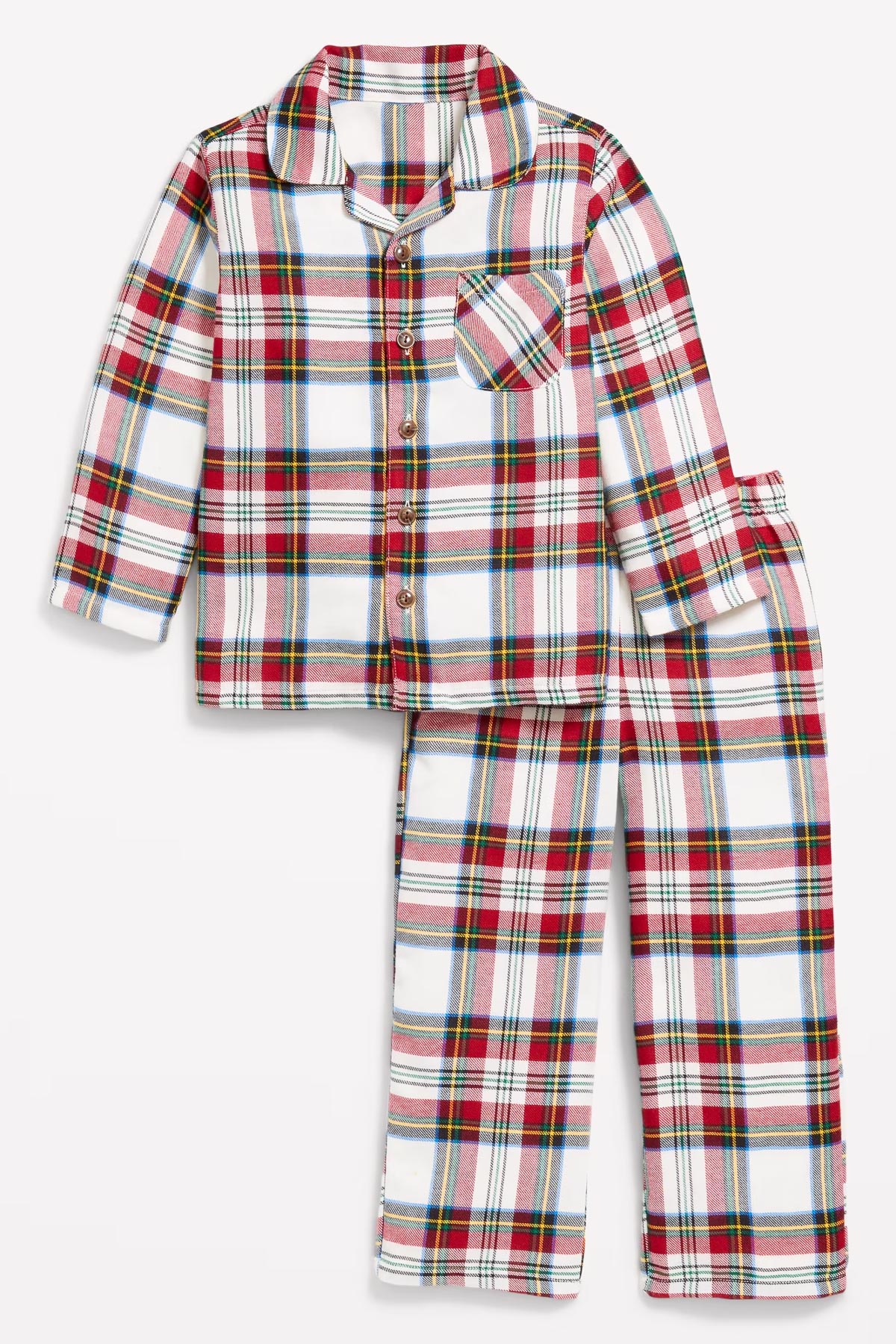 A set of children's pajamas featuring a red, blue, and green plaid pattern on a white background. The set includes a long-sleeve button-up top with a chest pocket and matching pants.