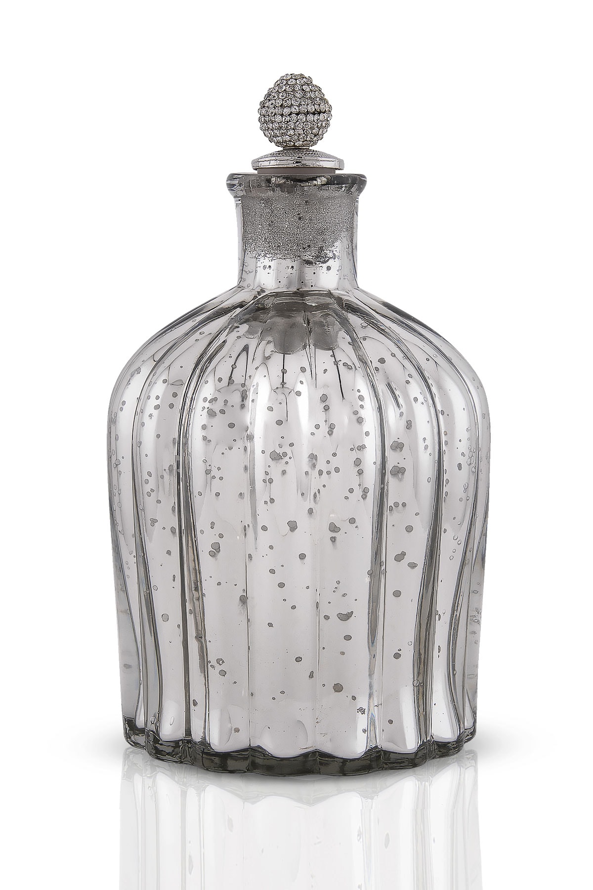 diy mercury glass ornaments- A decorative, ribbed glass bottle with a silver, textured stopper. The clear glass has a speckled pattern, and the bottle reflects light on its surface, giving it an elegant appearance.