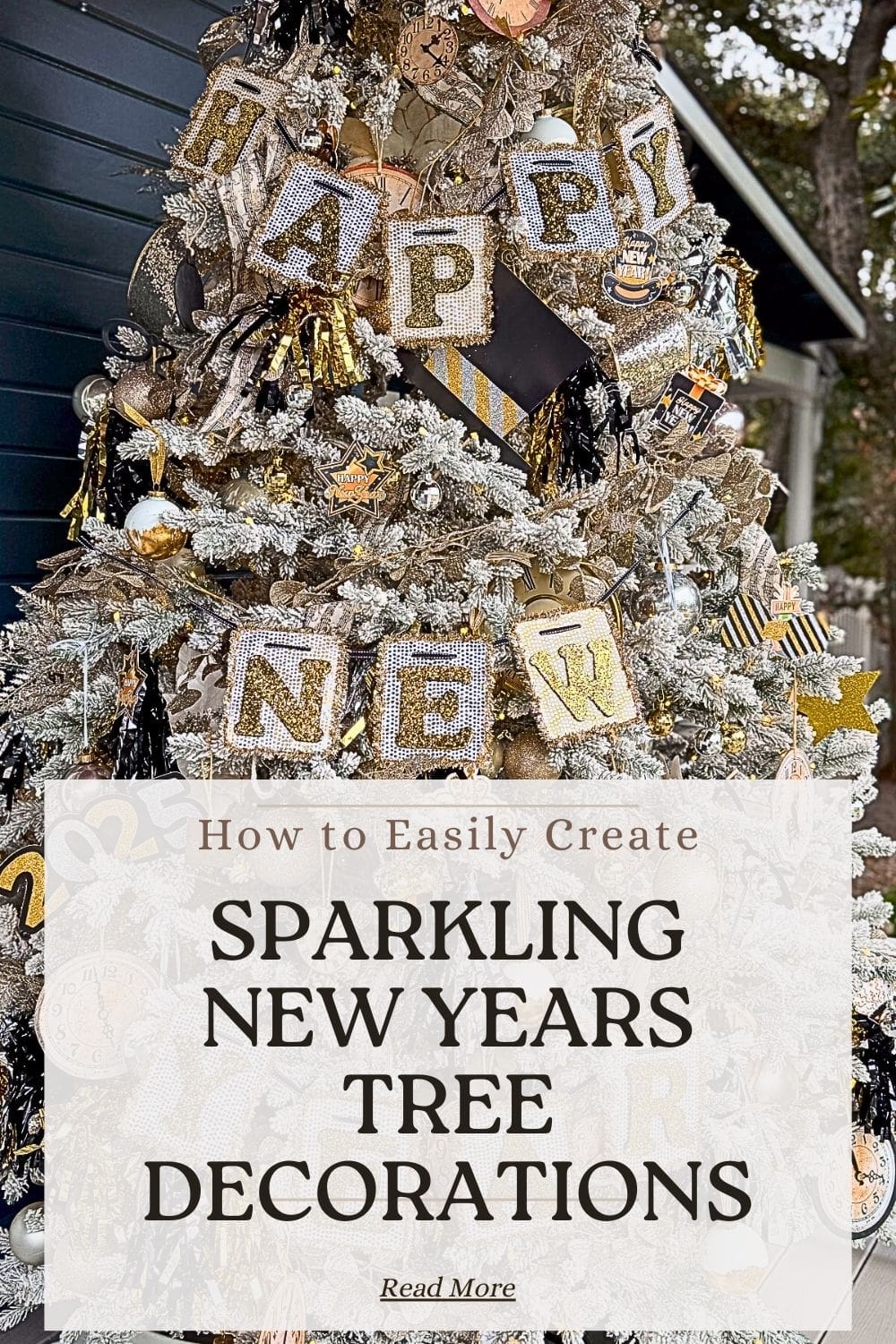 A festively decorated Christmas tree with "Happy New Year" banners and sparkling ornaments showcases stunning New Year's tree decorations. Below, a text overlay reads, "How to Easily Create Sparkling New Year's Tree Decorations.