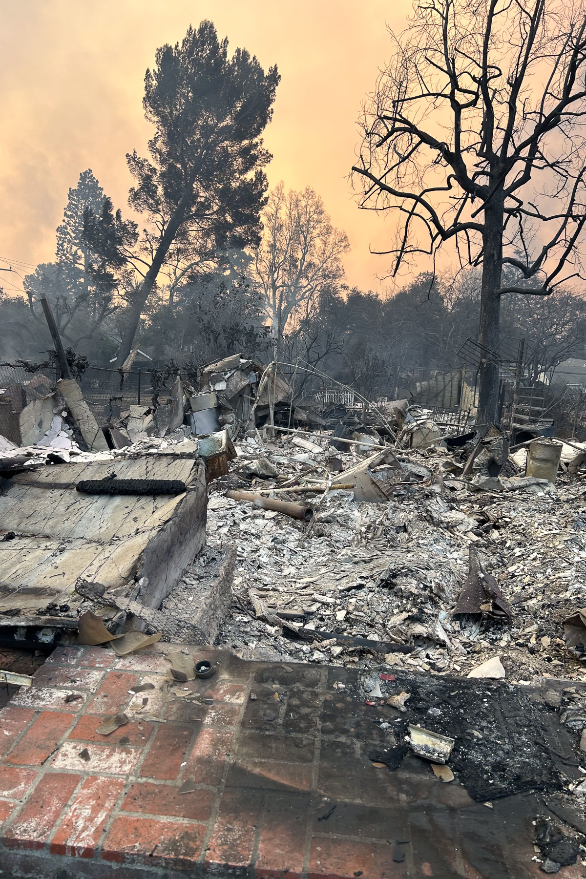 A devastated landscape shows the aftermath of a wildfire, with charred trees and ruins of buildings. Smoke lingers in the air against an orange-tinted sky, and debris is scattered across the ground.