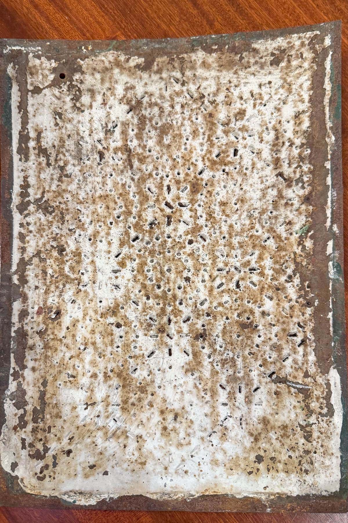 A rectangular piece of paper covered with dirt and mold, displaying an irregular pattern of brown spots and specks. The paper shows signs of wear and age, with frayed and uneven edges. It's set on a wooden surface.