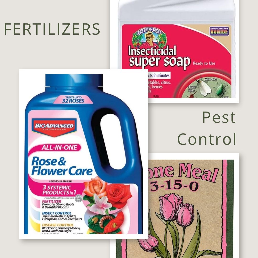 A vibrant collage of three gardening products: a blue bottle of rose and flower care, a box of insecticidal soap, and a package of bone meal fertilizer. Perfect spring garden tips include using fertilizers and pest control for flourishing blooms.