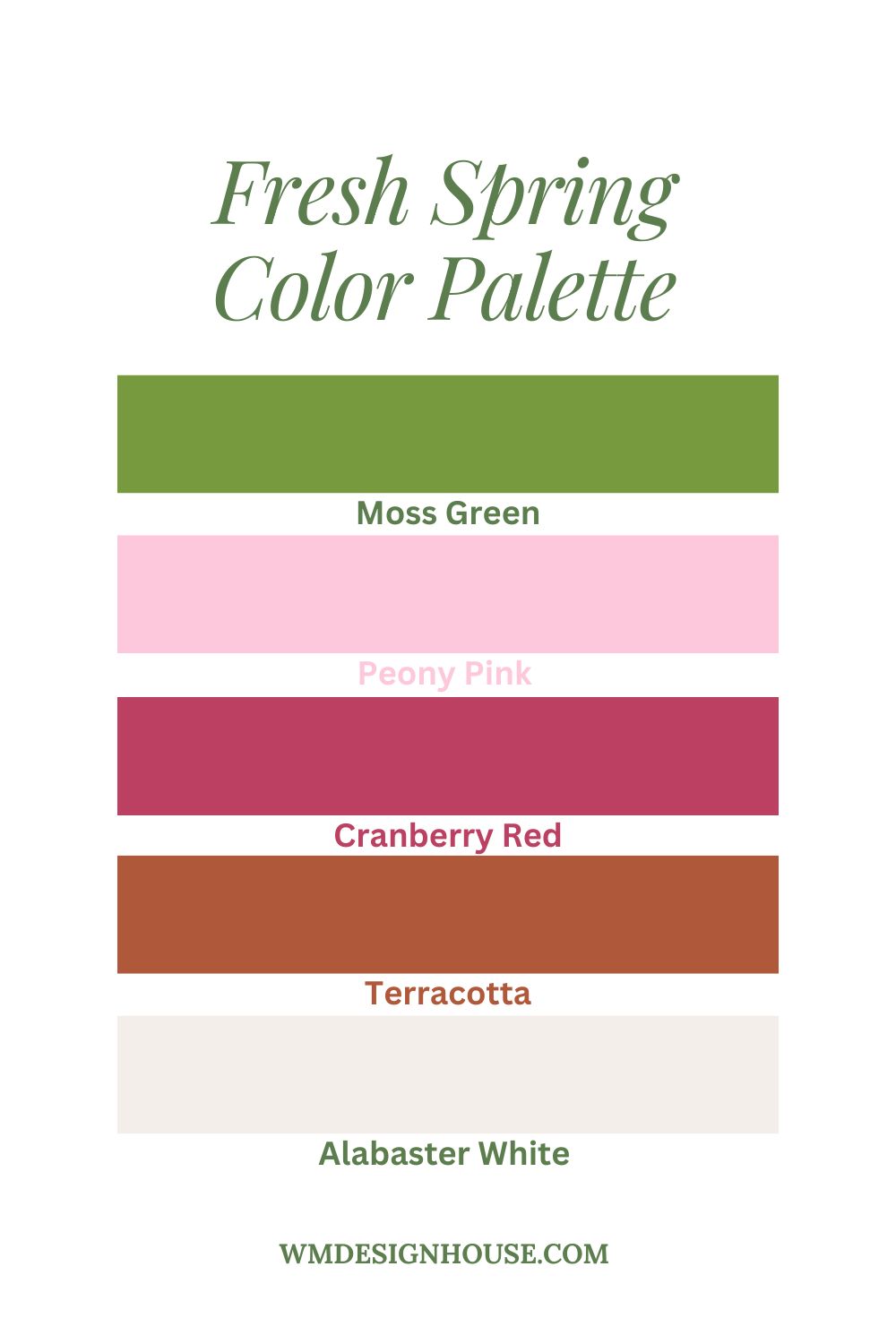 Image featuring a "Fresh Spring Color Palette" with five horizontal color swatches: Moss Green, Peony Pink, Cranberry Red, Terracotta, and Alabaster White—perfect for learning how to style shelves elegantly. The text "WMDesignHouse.com" is at the bottom.