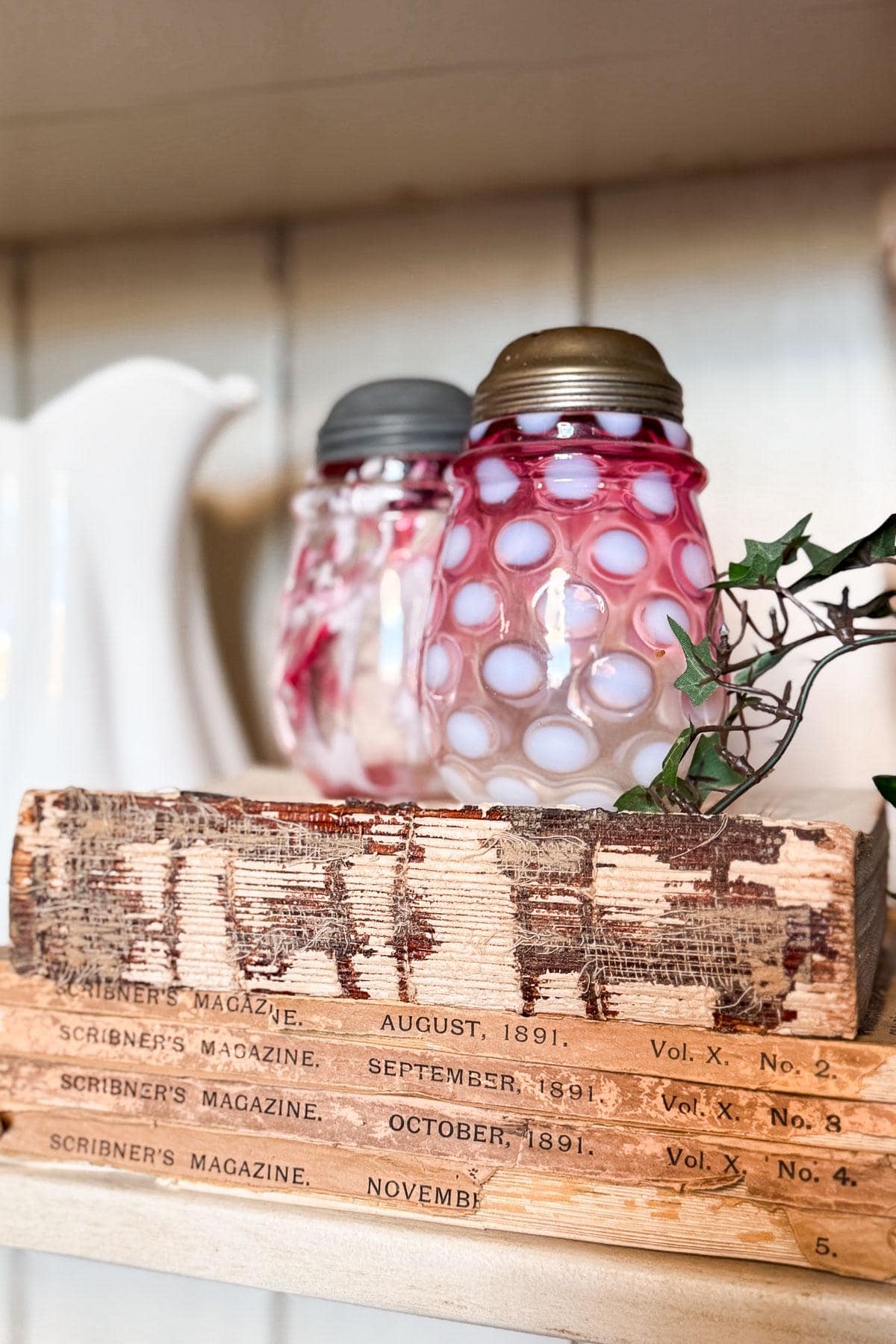 Antique pink and white glass salt and pepper shakers sit on a shelf alongside vintage issues of Scribner's Magazine from 1891. A white pitcher and some greenery are also visible in the background.