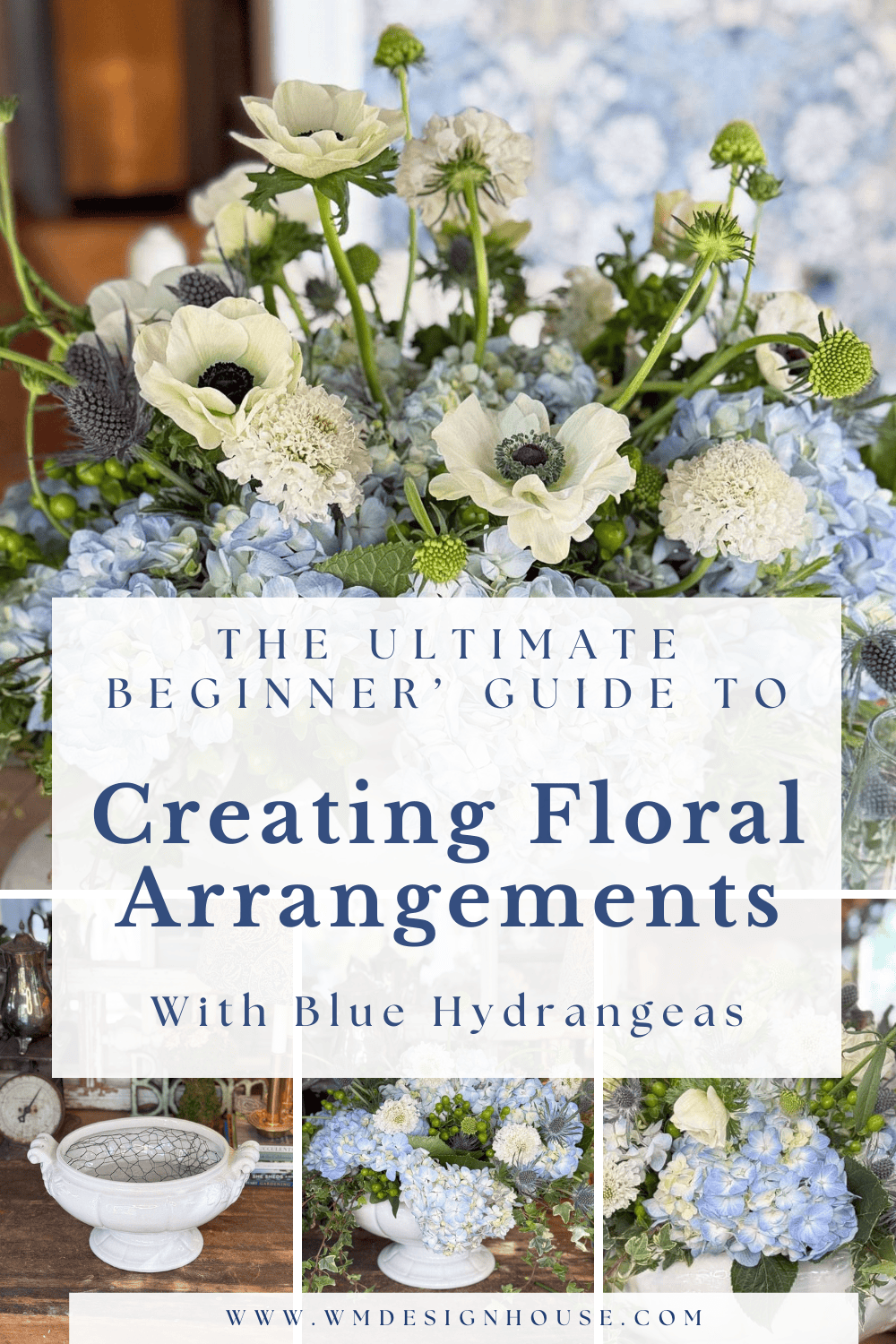 A floral arrangement featuring white and blue flowers, with text overlay: "The Ultimate Beginner’s Guide to Creating Blue Hydrangea Centerpieces." The background showcases additional elegant floral decor.