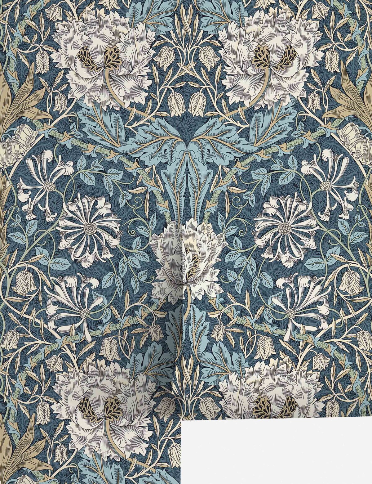 Updating a dining room with wallpaper featuring a detailed floral tapestry design can transform the space. This pattern boasts white and light brown flowers, intricate blue leaves, and vines on a muted teal background, exuding a vintage, ornate style that repeats symmetrically.