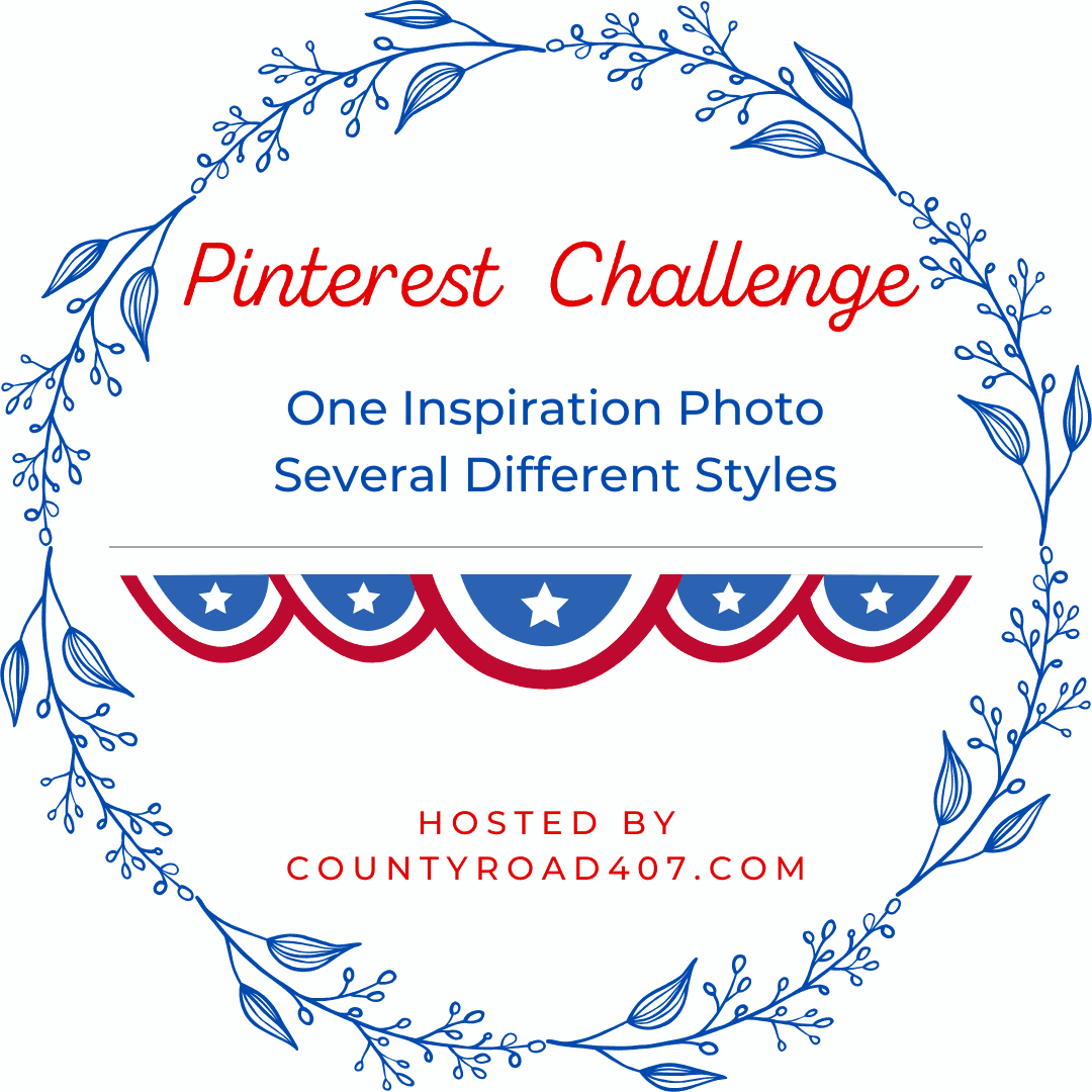 A circular wreath of blue leaves surrounds text: "Pinterest Challenge. One Inspiration Photo, Several Different Styles." Below is a red, white, and blue bunting banner—perfect for easy porch decor. Text at the bottom reads "Hosted by countyroad407.com.