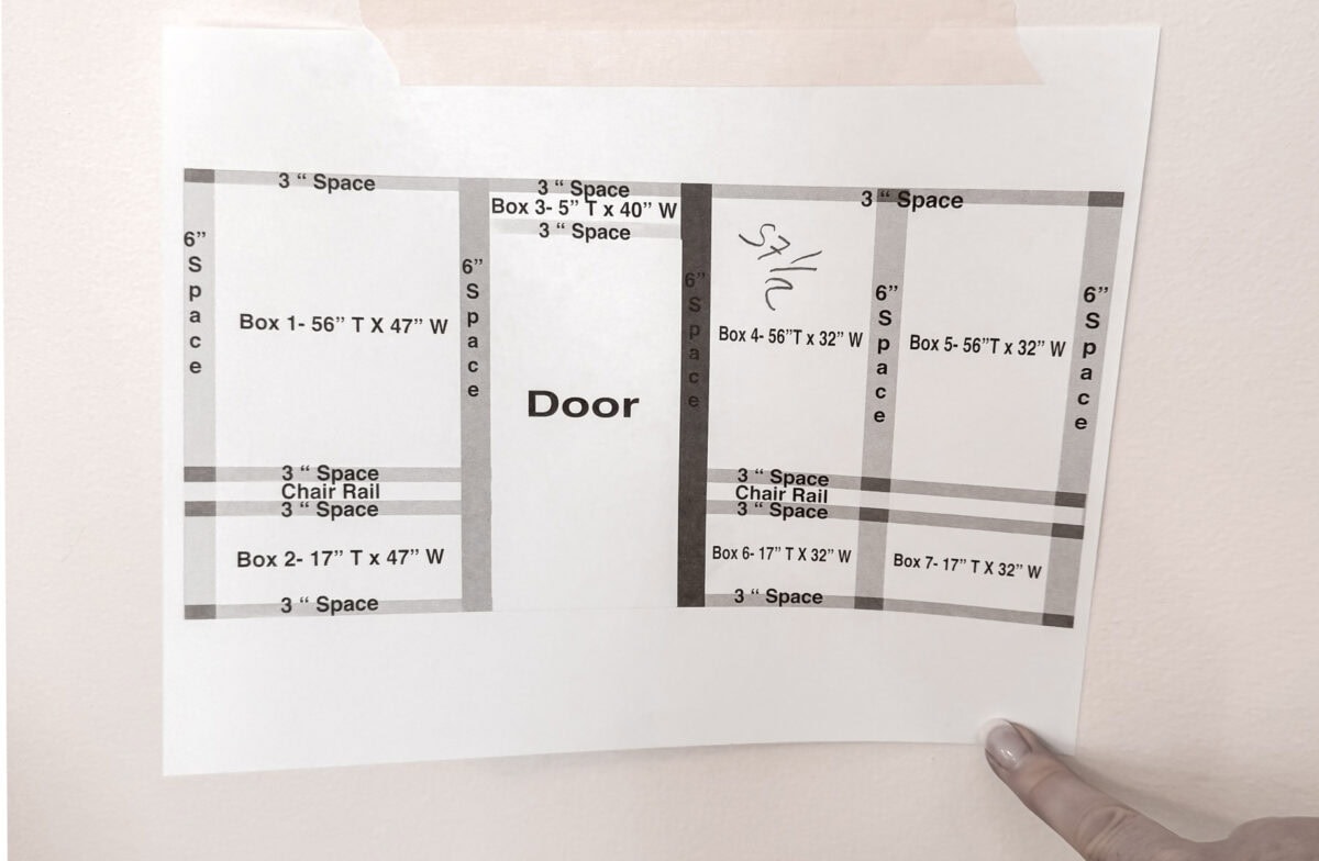 A hand points to a printed diagram showing the layout for wall paneling around a door, with labeled box dimensions, chair rail, and spaces on each side of the door. Handwritten text reads “57 1/2” on the right side.