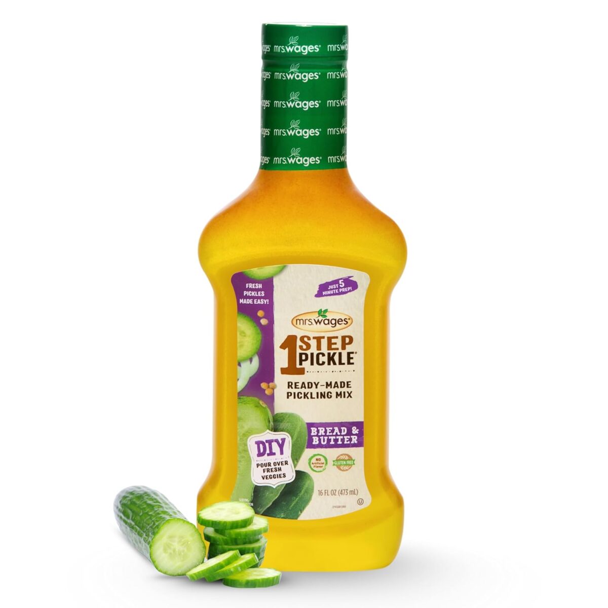 A bottle of Mrs. Wages 1 Step Pickle Ready-Made Pickling Mix Bread & Butter flavor, with fresh cucumber slices arranged in front of the bottle.