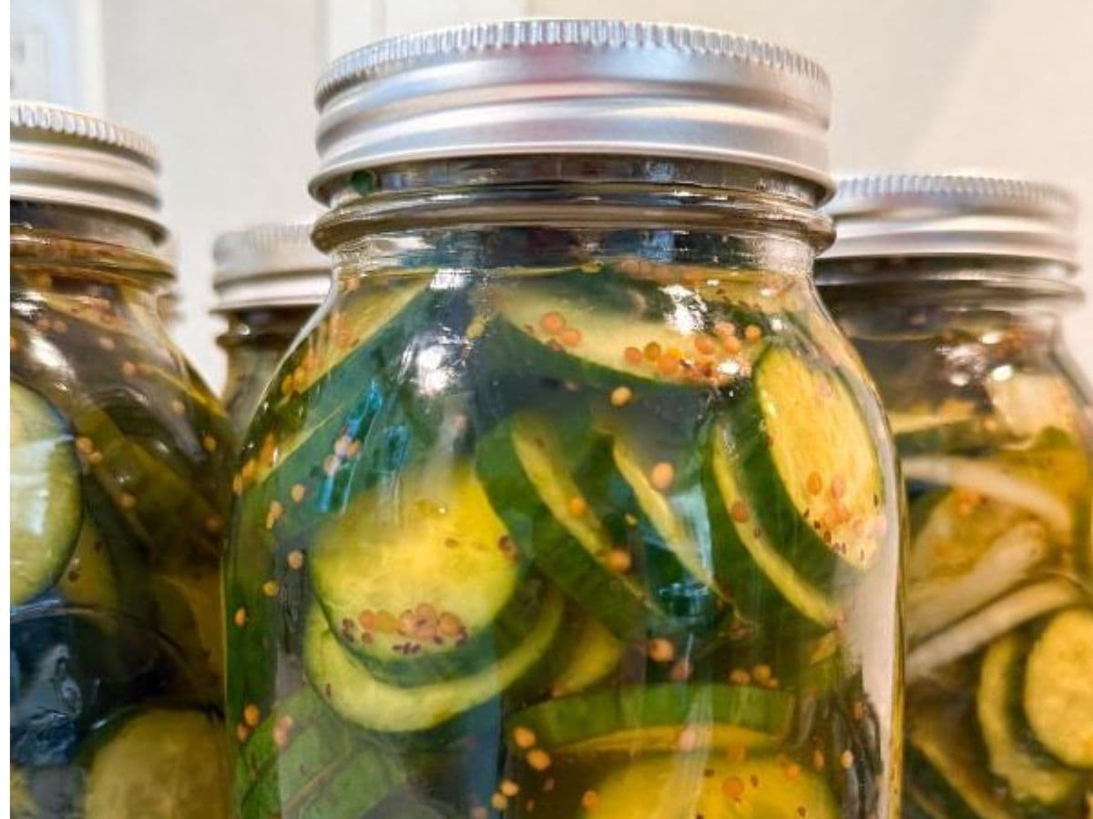 Close-up of jars filled with sliced cucumbers, onions, mustard seeds, and pickling liquid using Mrs. Wages Bread and Butter Pickles mix. The jars are sealed with silver lids—Pickles Made Easy, ready on your countertop.