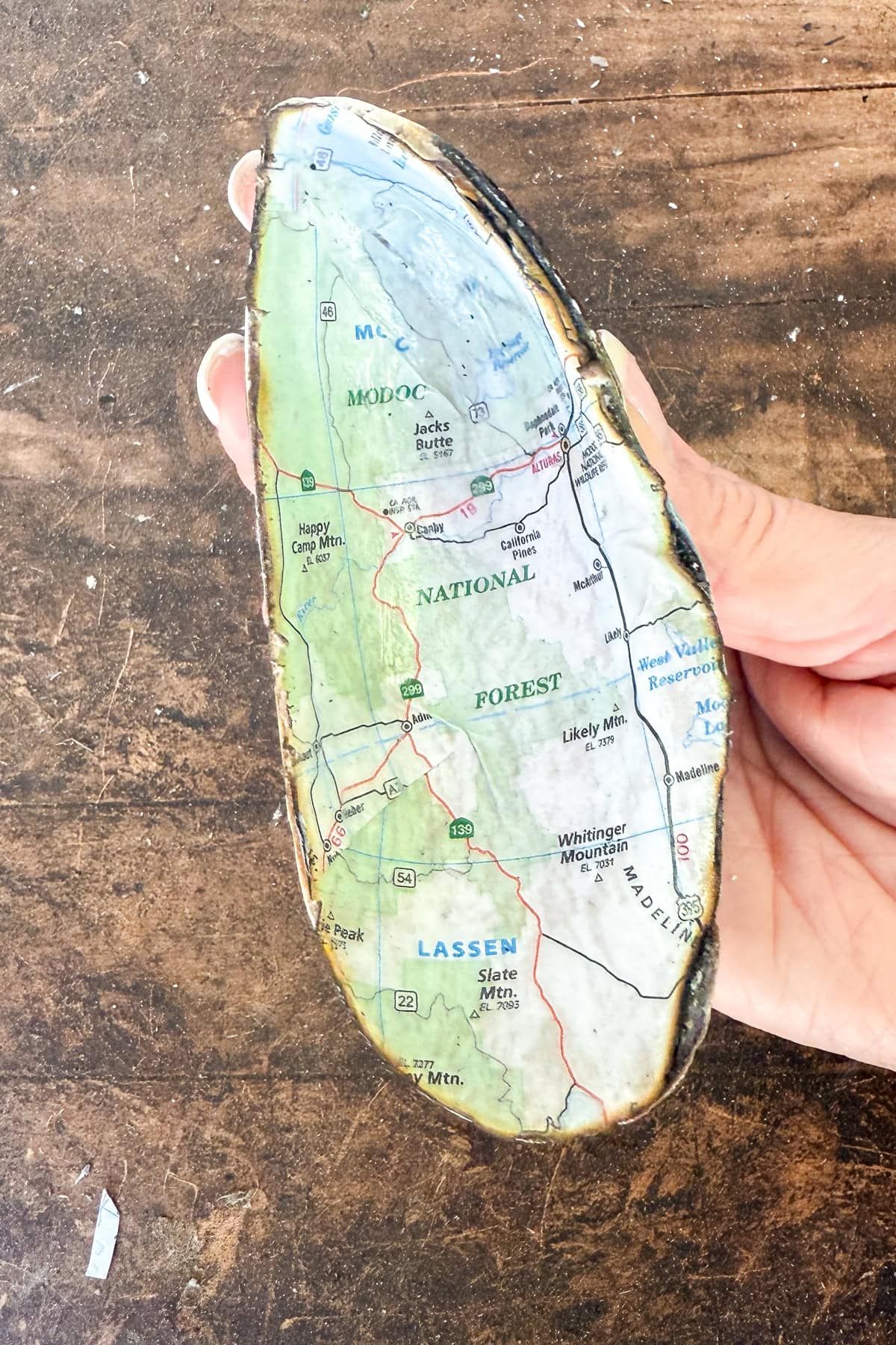 A hand holds a polished stone with a map of the Modoc National Forest and Lassen area printed on it, showing roads, landmarks, and green forested regions against a brown wooden background.
