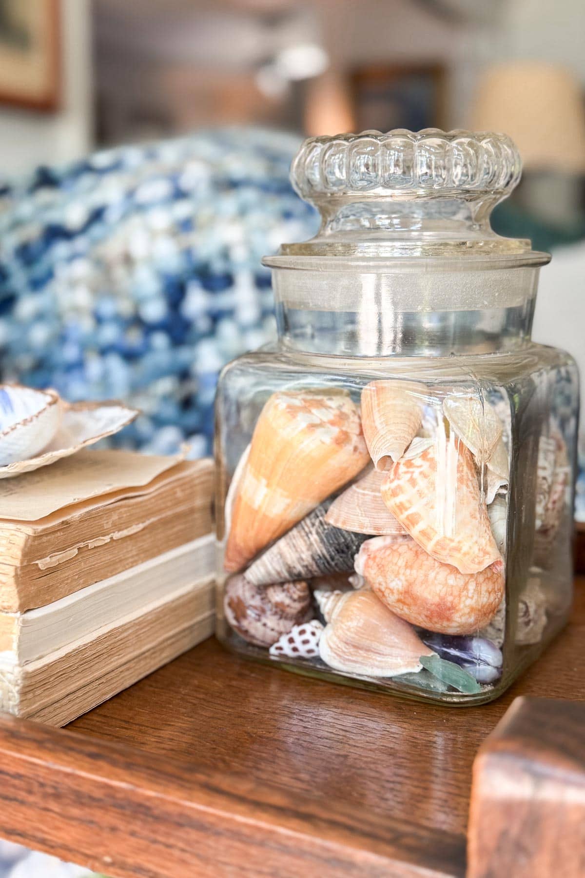 A glass jar filled with assorted seashells sits on a wooden surface next to a stack of old, worn books. In the background, a blue and white textured fabric is visible.