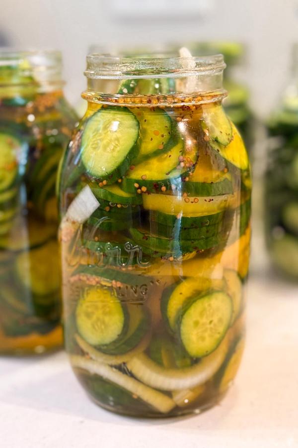A glass jar filled with sliced cucumbers, onions, and spices in brine, making homemade pickles. Another jar with similar contents is blurred in the background.